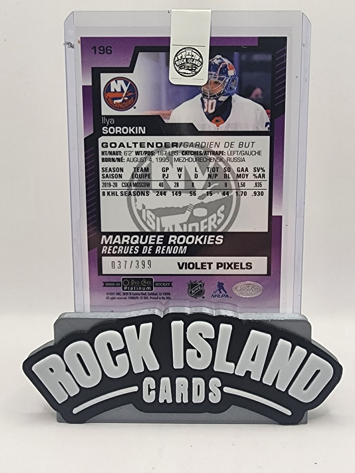 Ilya Sorokin 2020 O-Pee-Chee Platinum #196 Violet Pixels Rookie 037/399