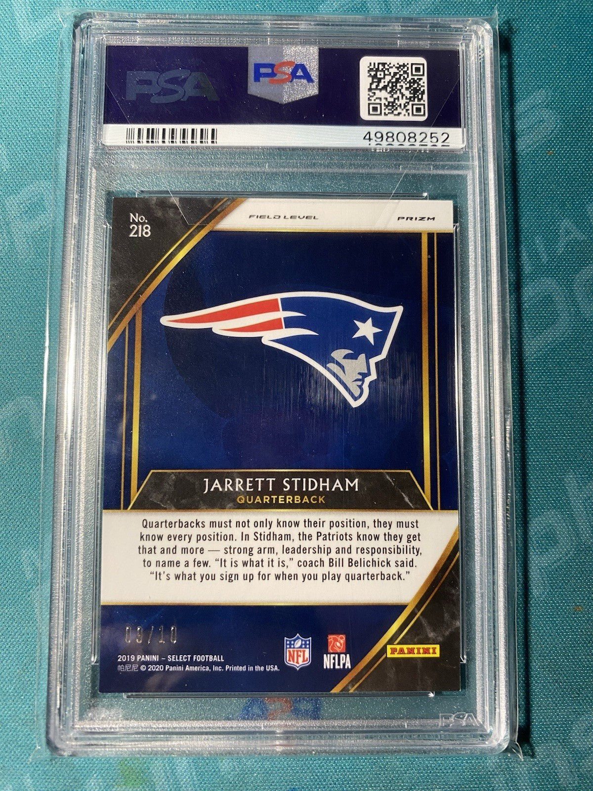 Jarrett Stidham 2019 Panini Select #218 Gold /10 Rookie PSA 8
