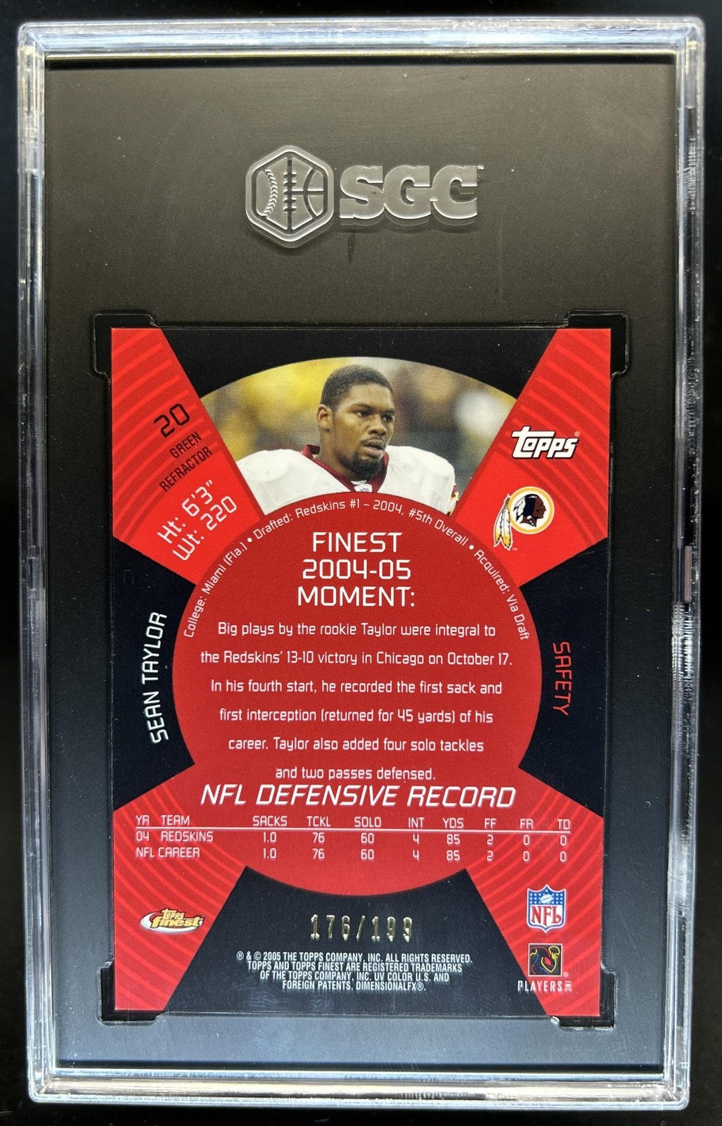 2005 Topps Finest Sean Taylor Green Refractor #/199 Redskins SGC 8