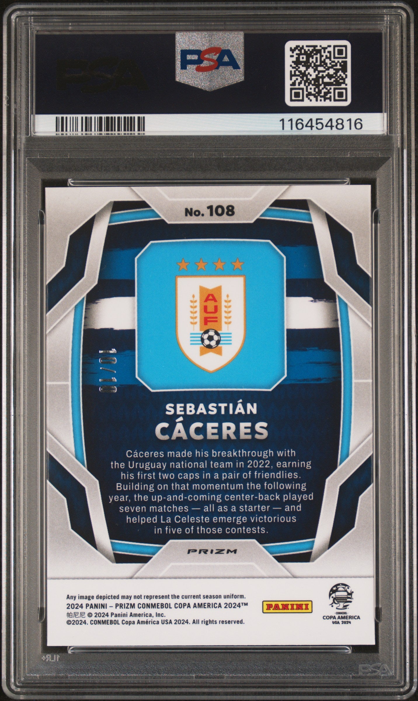 Sebastian Caceres 2024 Panini Conmebol Copa America Gold Pulsar RC /10 PSA 10