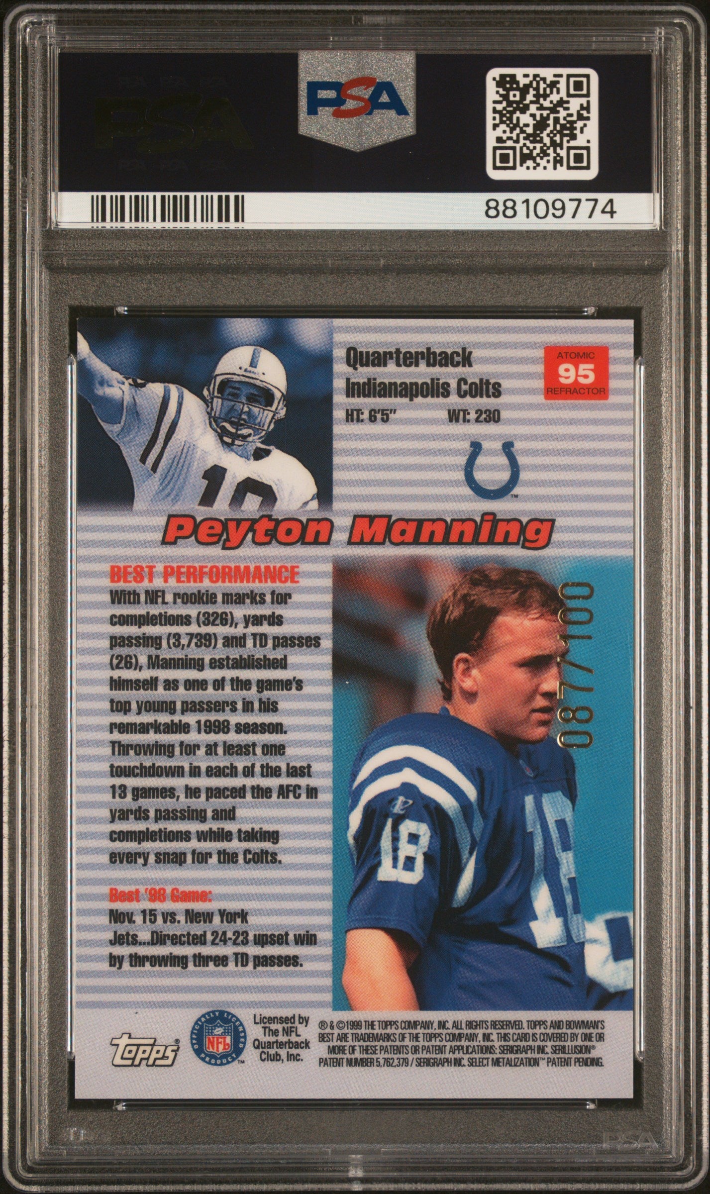 Peyton Manning 1999 Bowman's Best #95 Atomic Refractor Low Pop PSA 10