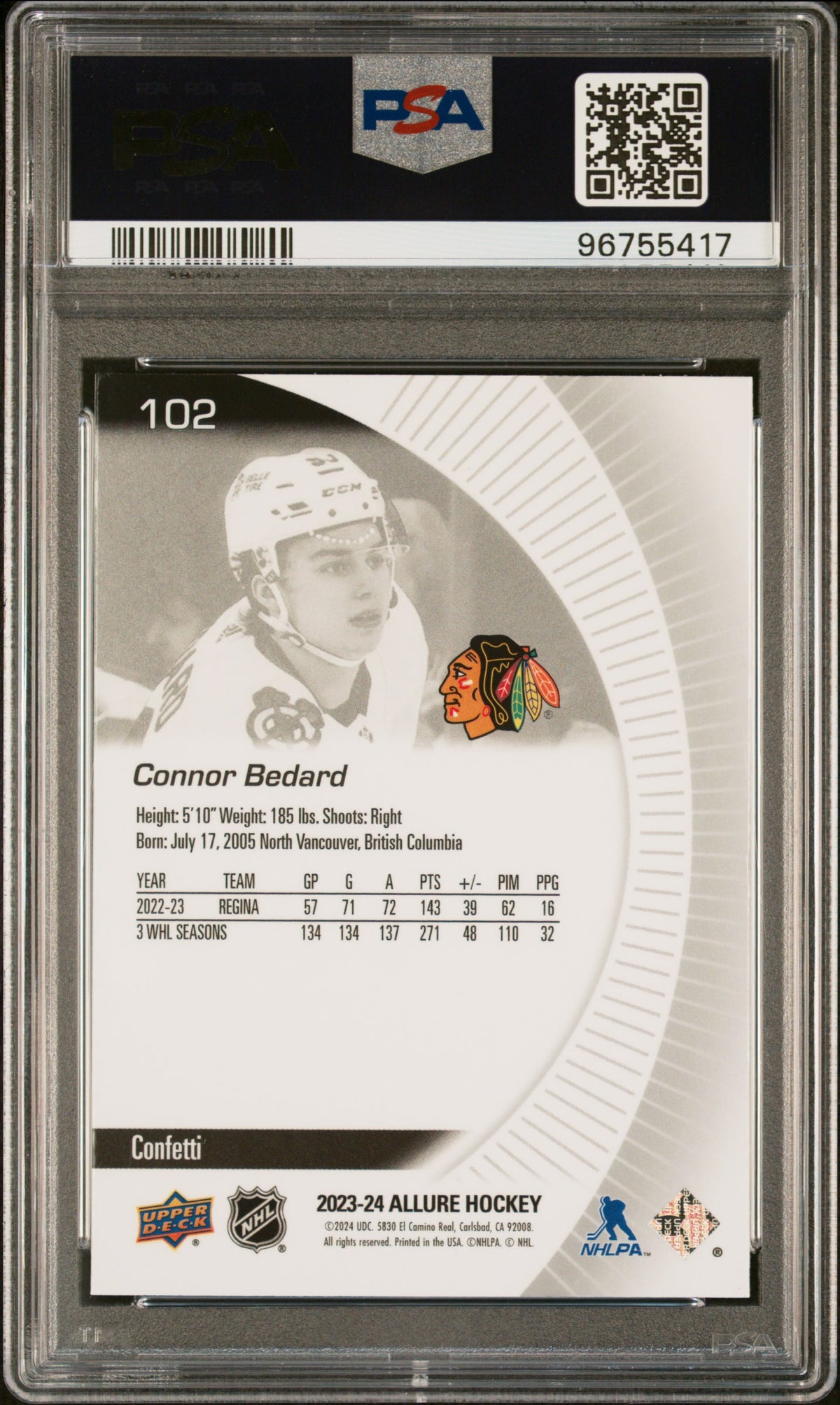 Connor Bedard 2023 Upper Deck Allure #102 Confetti Rookie PSA 10