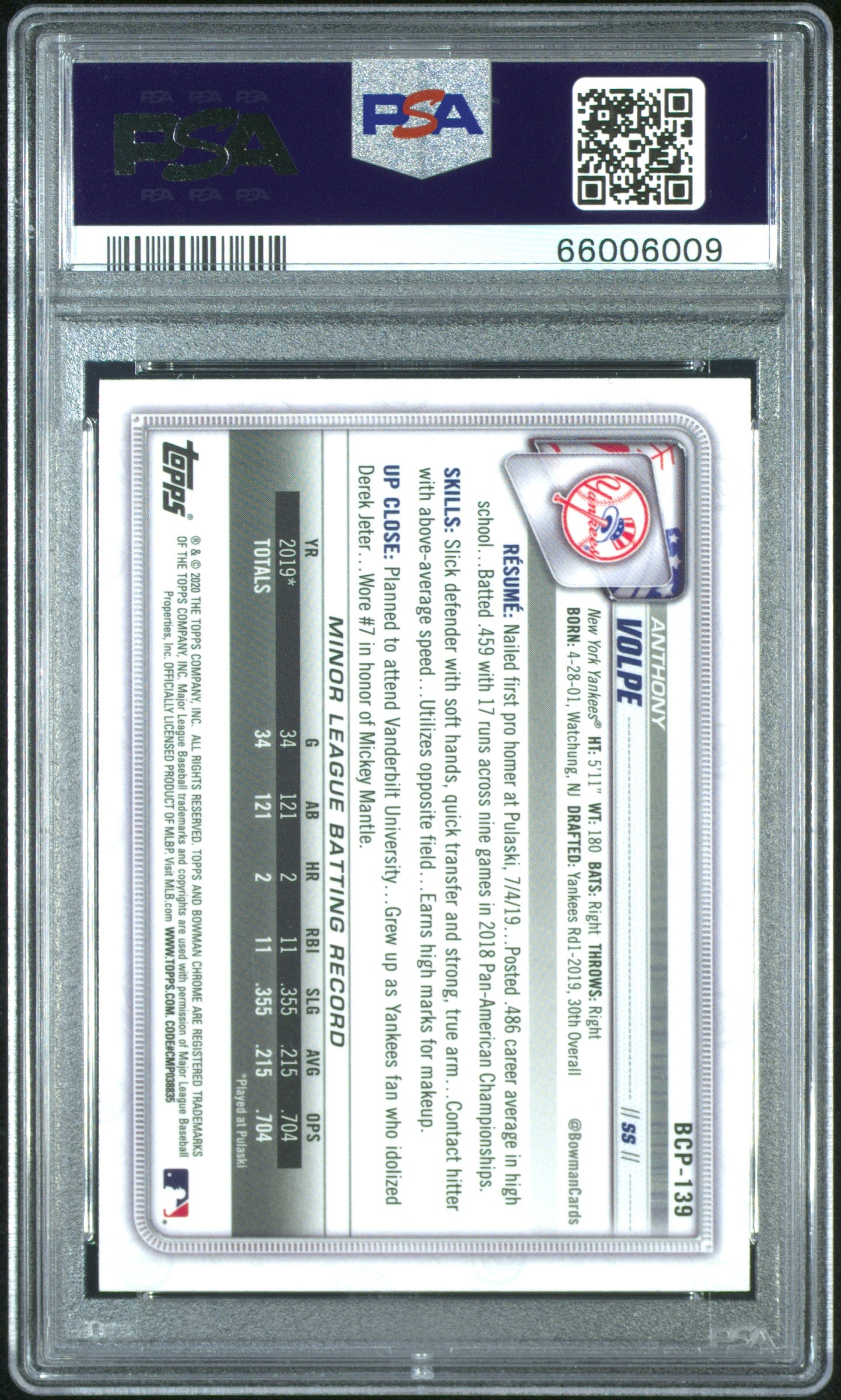 Anthony Volpe 2020 Bowman Chrome Mega Box #BCP139 PSA 10