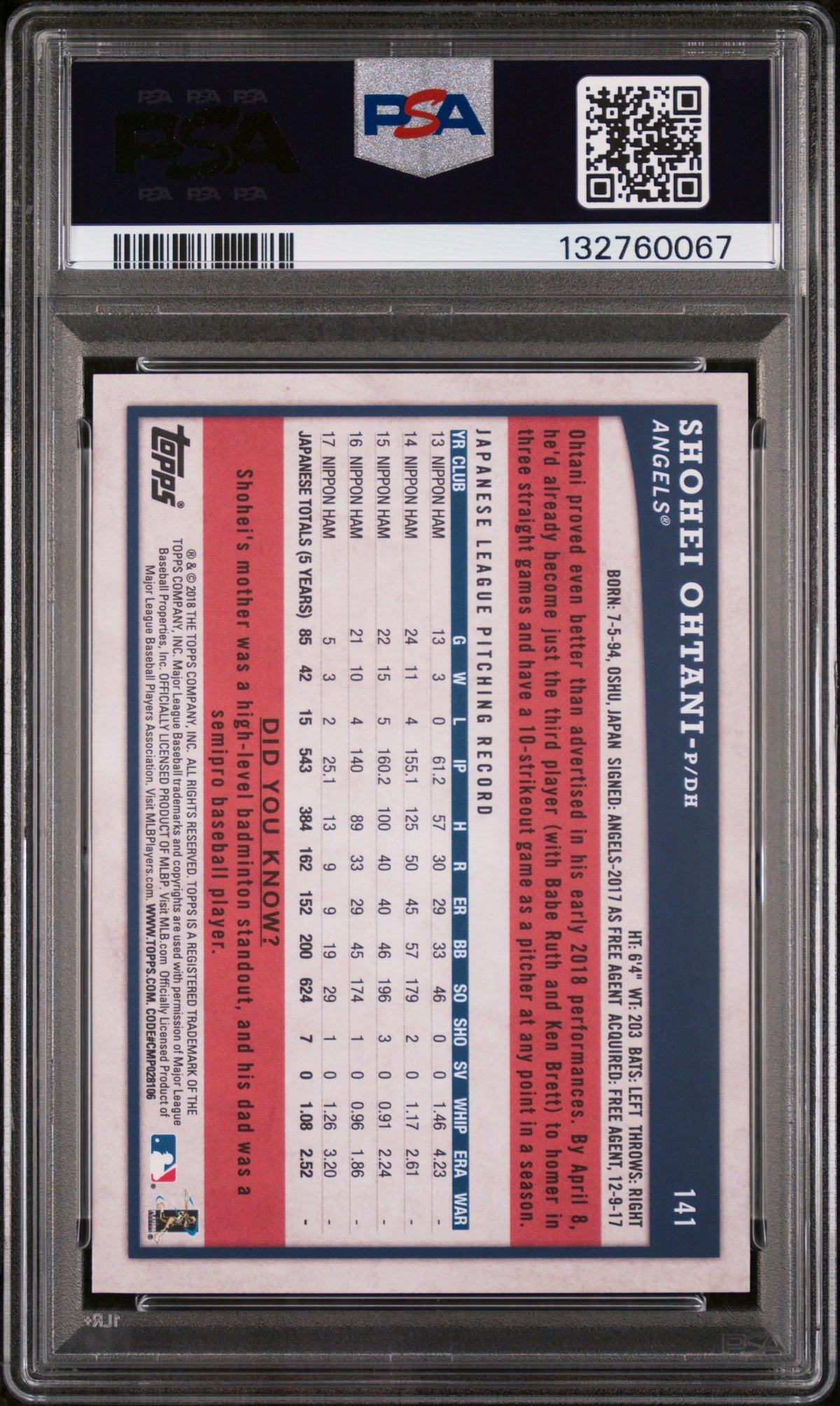 Shohei Ohtani 2018 Topps Big League #141 Rookie PSA 9