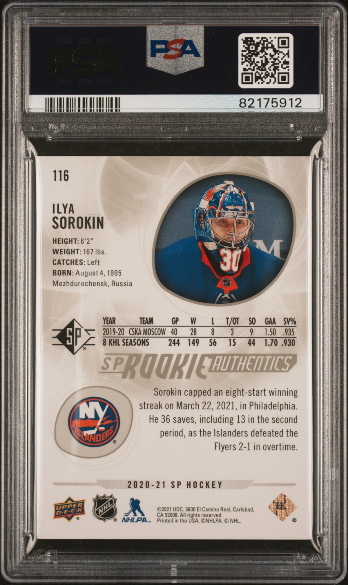 Ilya Sorokin 2020-2021 SP #116 Silver Spectrum Rookie 1244/1299 PSA 9