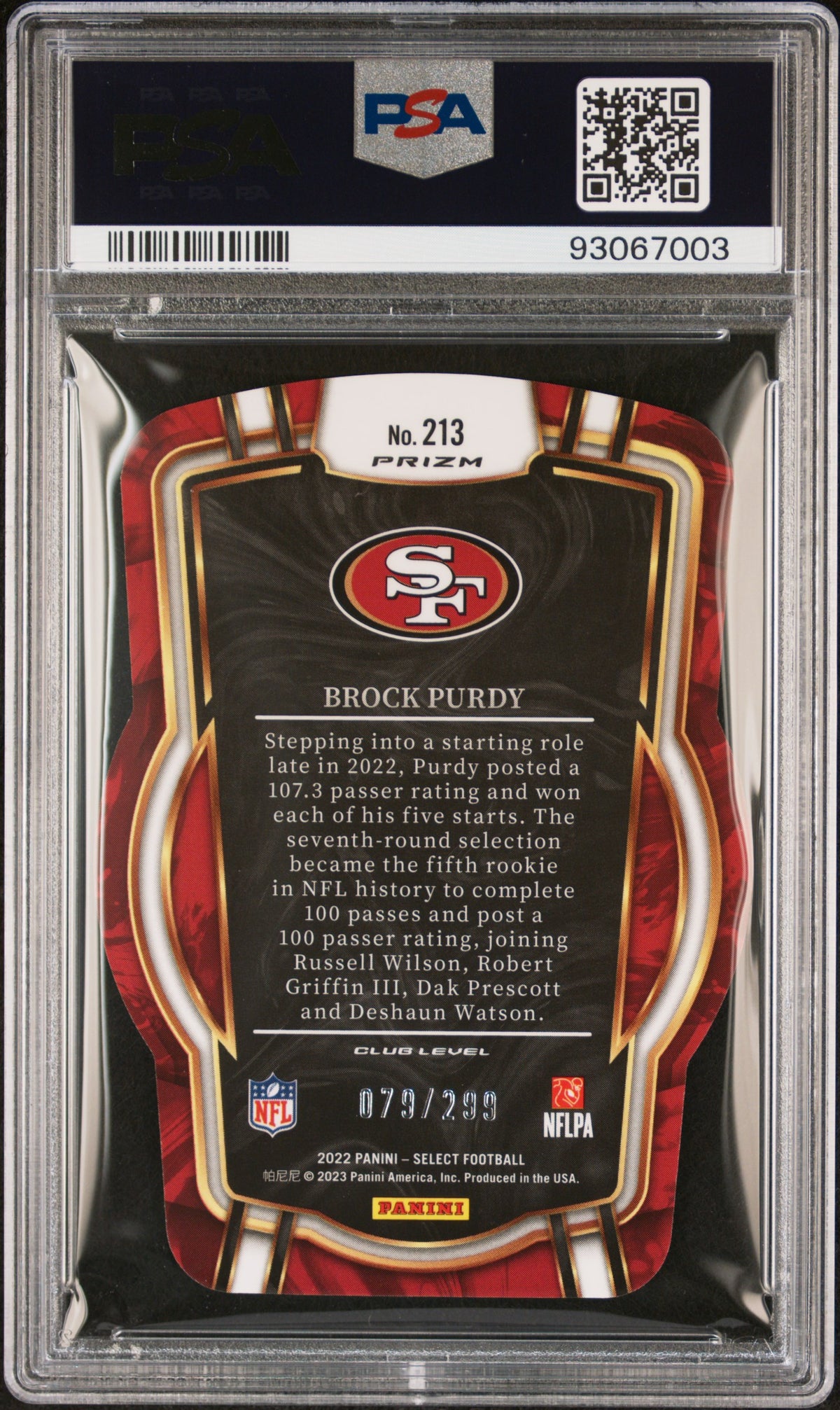 Brock Purdy 2022 Panini Select #213 Die Cut Neon Green Prizm Rookie /299 PSA 10
