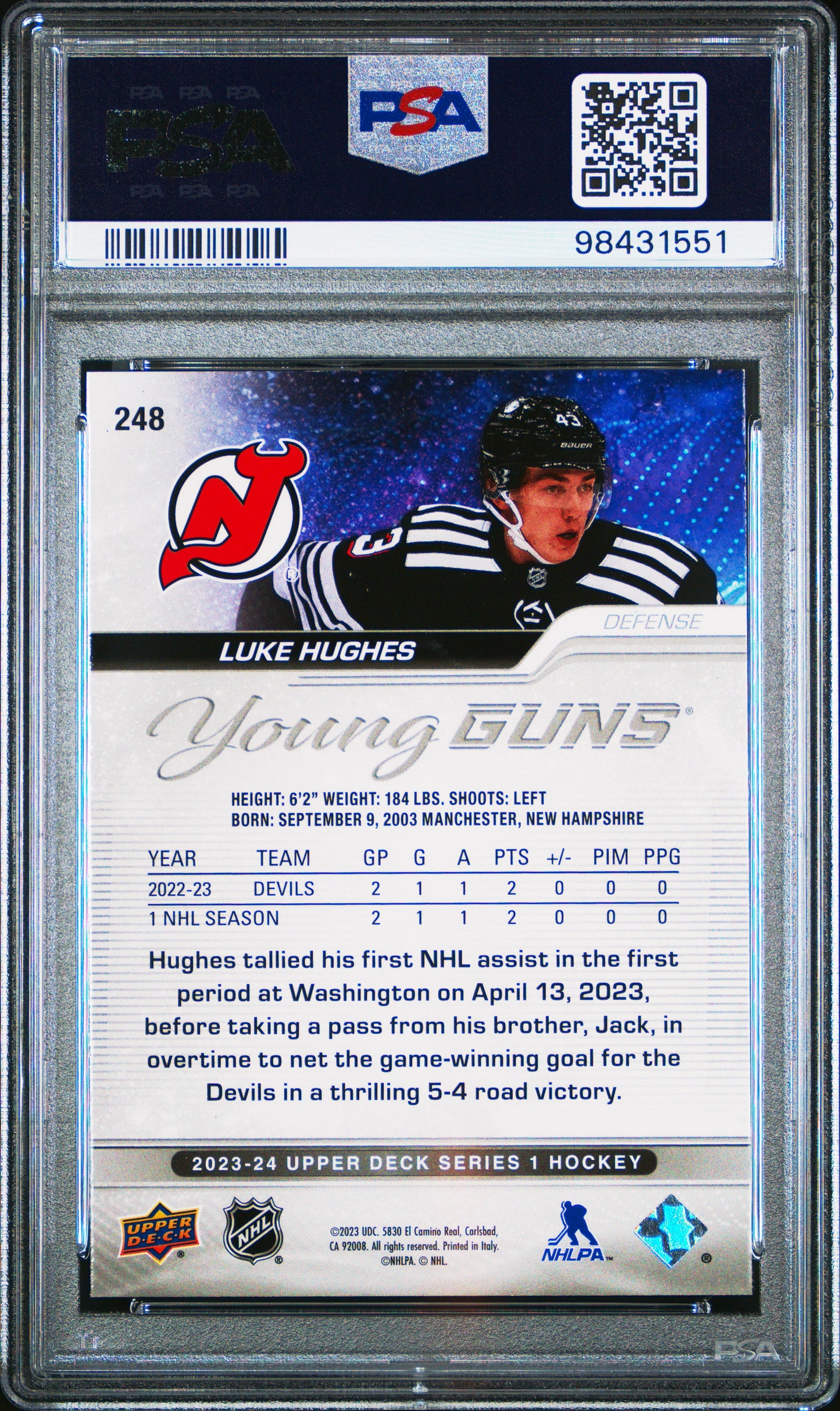 Luke Hughes 2023 Upper Deck #248 Outburst Rookie PSA 9