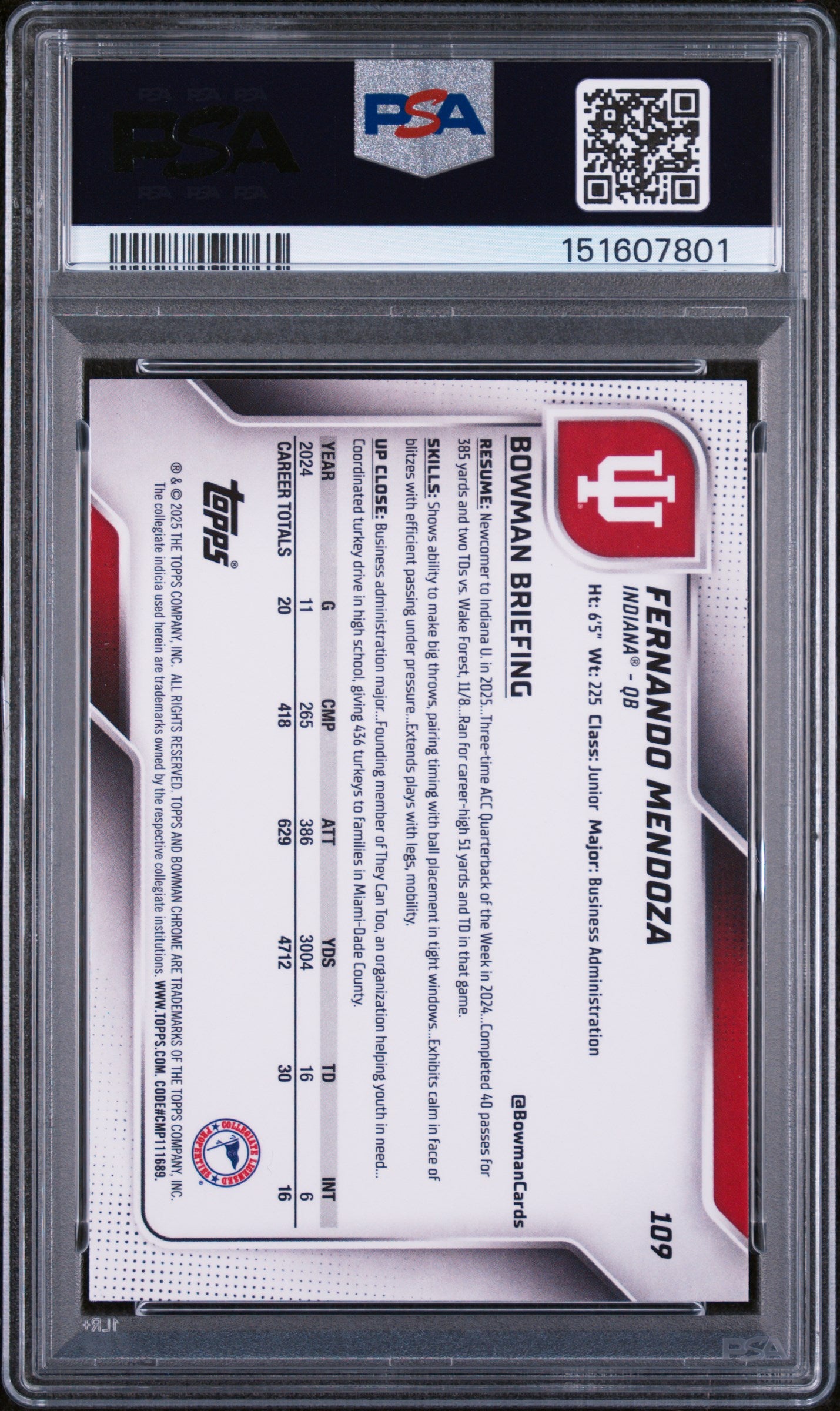 Fernando Mendoza 2025 Bowman University Chrome Lime Green Mini Dmnd /275 PSA 9