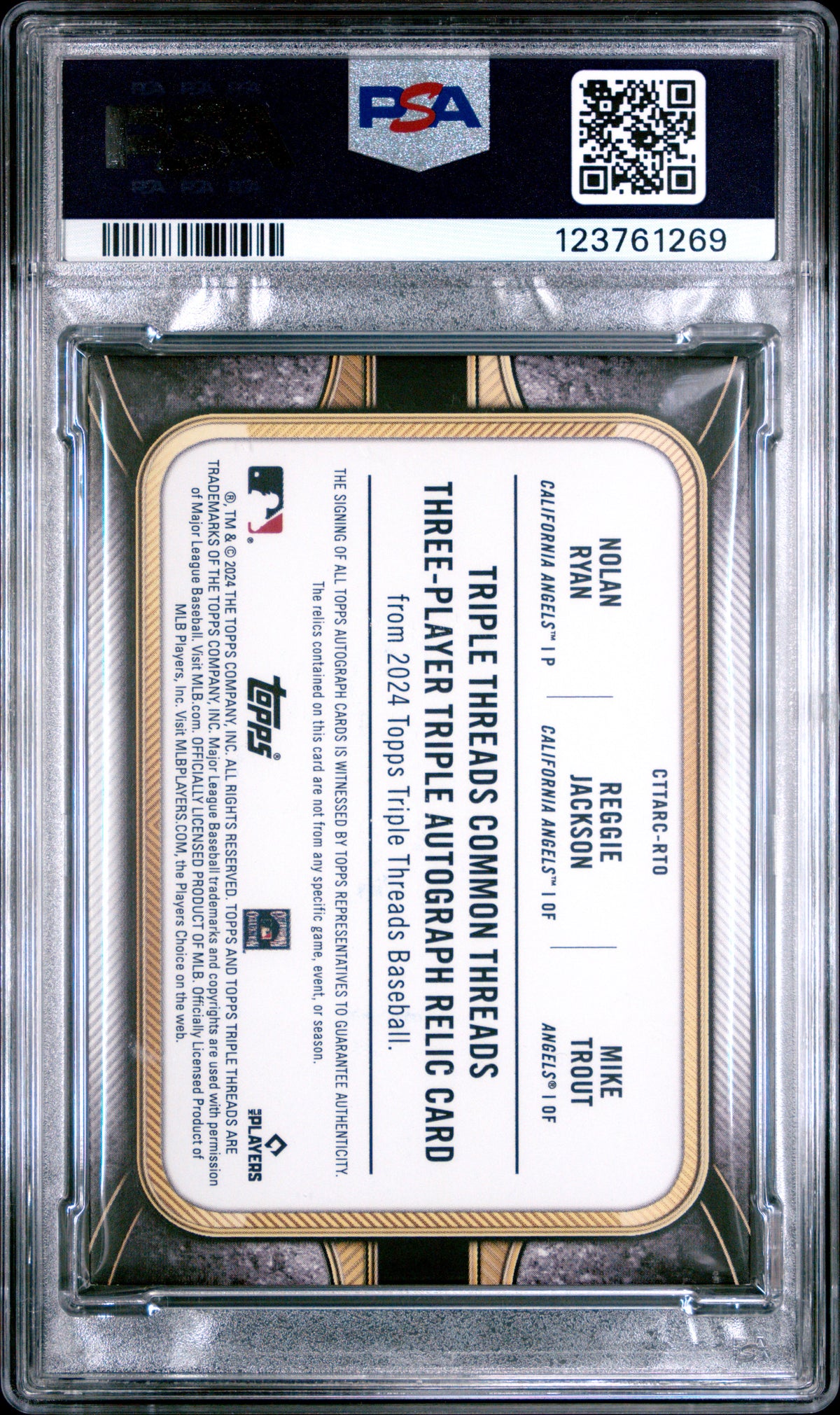 Mike Trout Nolan Ryan Reggie Jackson 2024 Topps Triple Threads Auto Mem /3 PSA 7