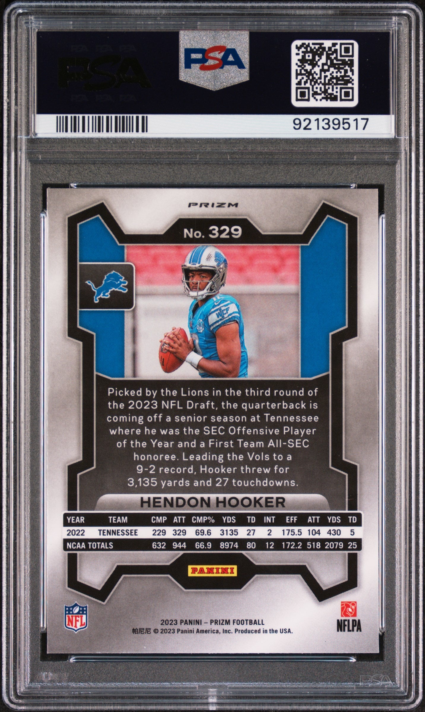 Hendon Hooker 2023 Panini Prizm #329 Red White Blue Prizm Rookie PSA 10