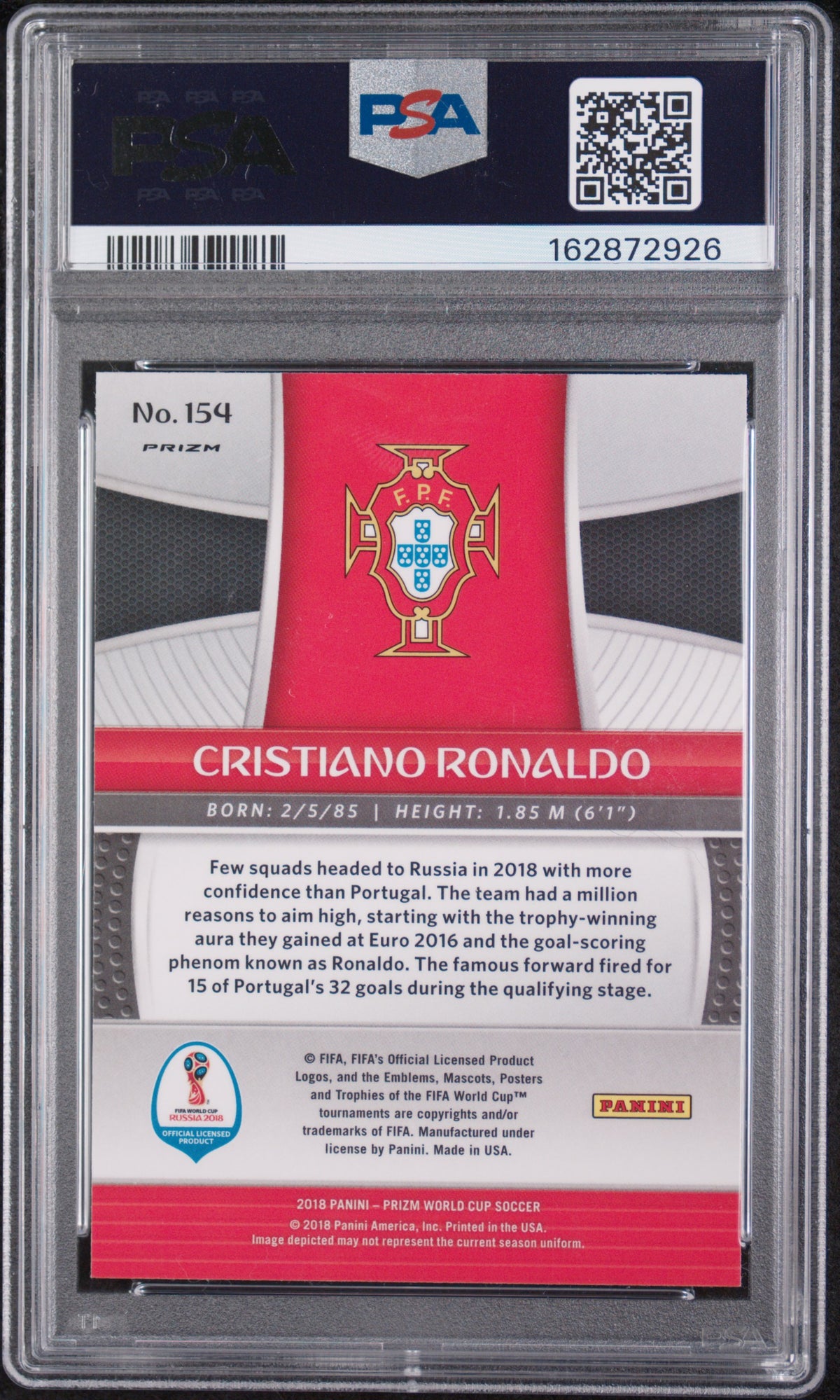 Cristiano Ronaldo 2018 Panini Prizm World Cup #154 Lazer PSA 9