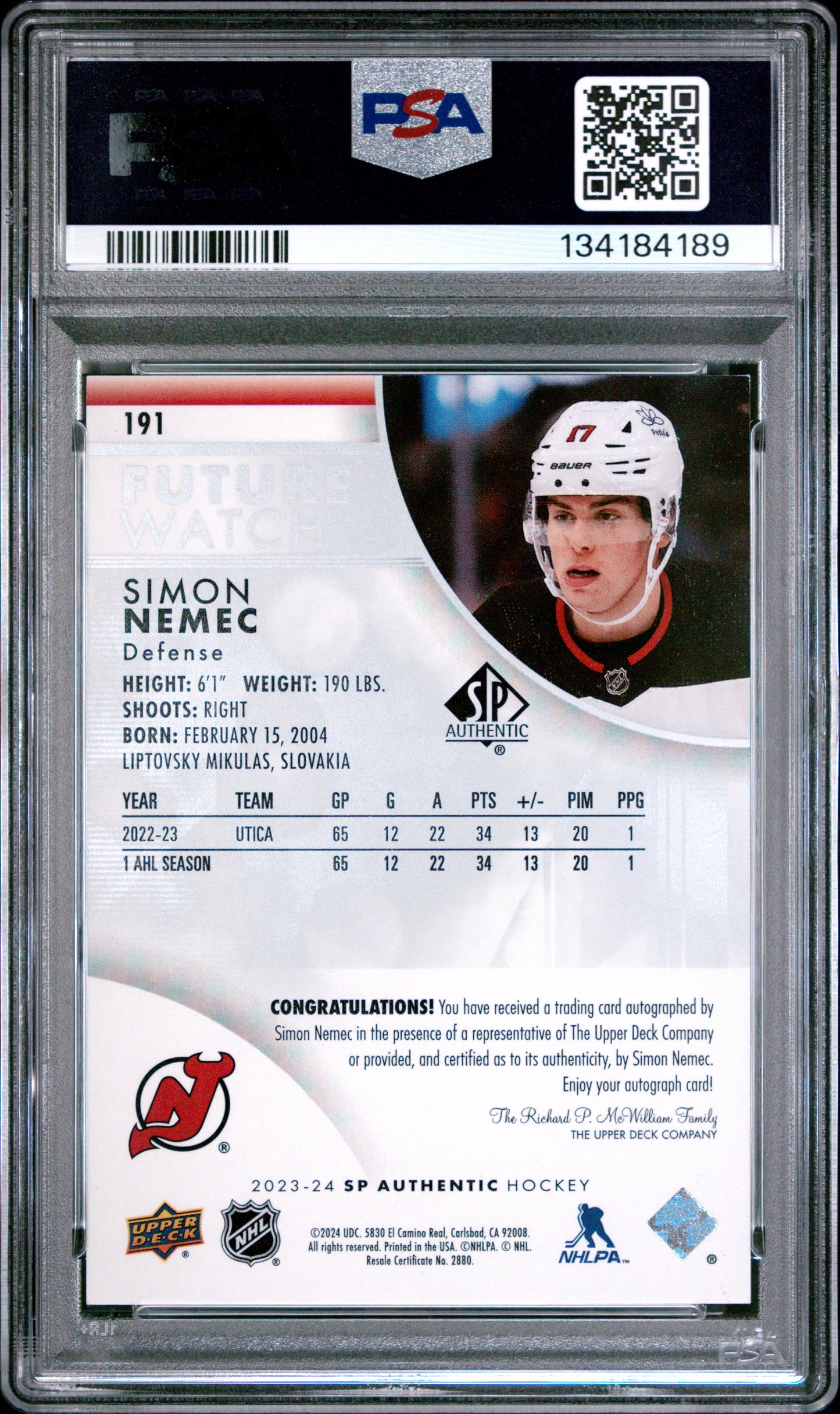 Simon Nemec 2023-24 Upper Deck SP Authentic #191 Future Watch Auto RC/999 PSA 9