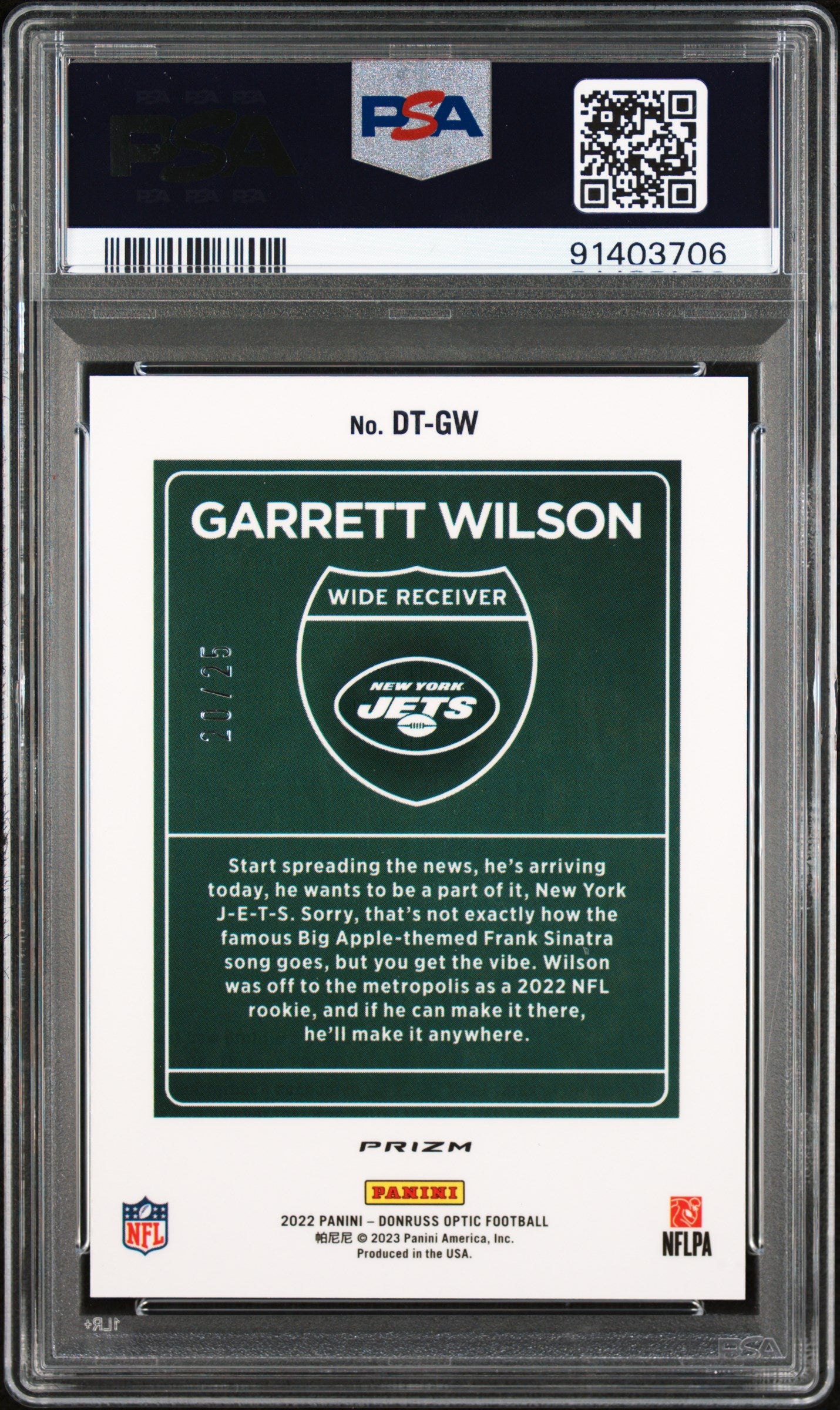 Garrett Wilson 2022 Donruss Optic Downtown #DTGW Black Pandora Rookie /25 PSA 9