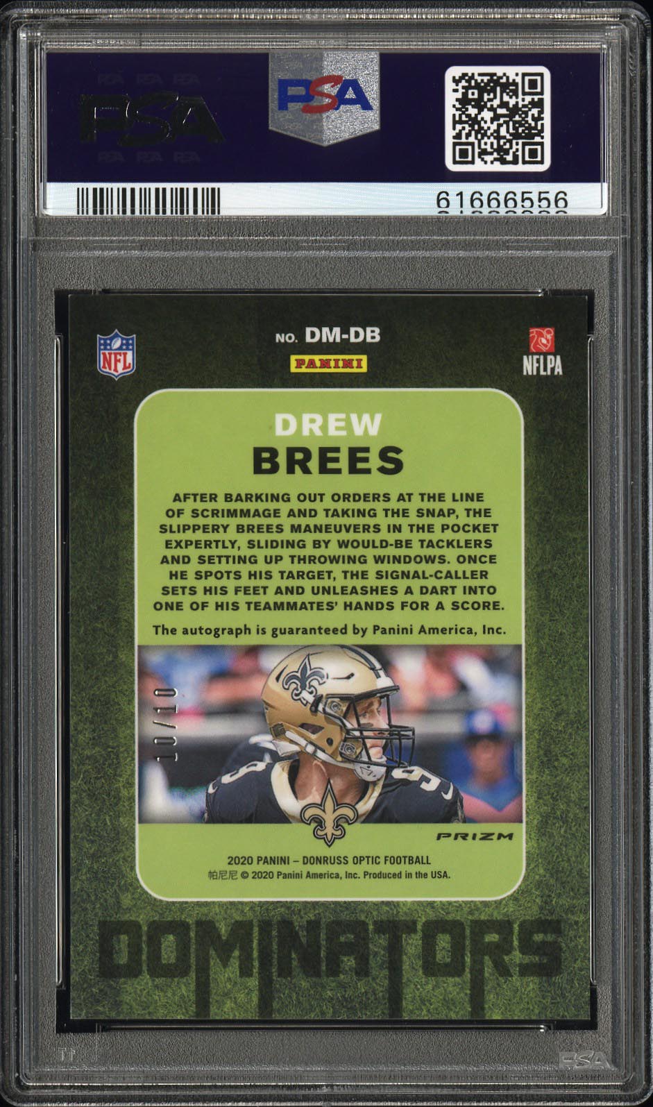 Drew Brees 2020 Panini Donruss Optic Dominators #DB Autograph 10/10 PSA 9 Auto10