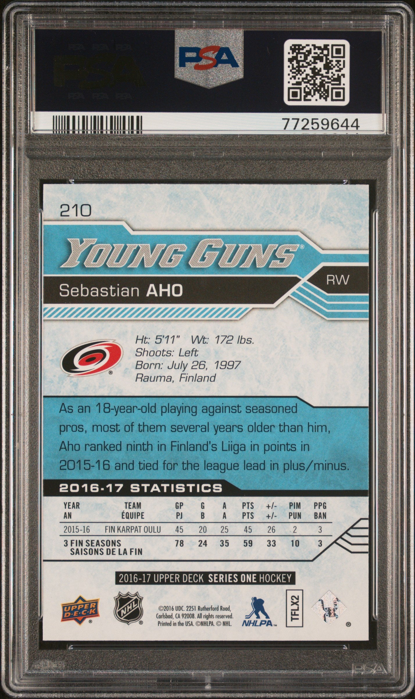2016 Upper Deck Series 1 Sebastian Aho 2016 YG PSA AUTO 10 #210 Rookie PSA A