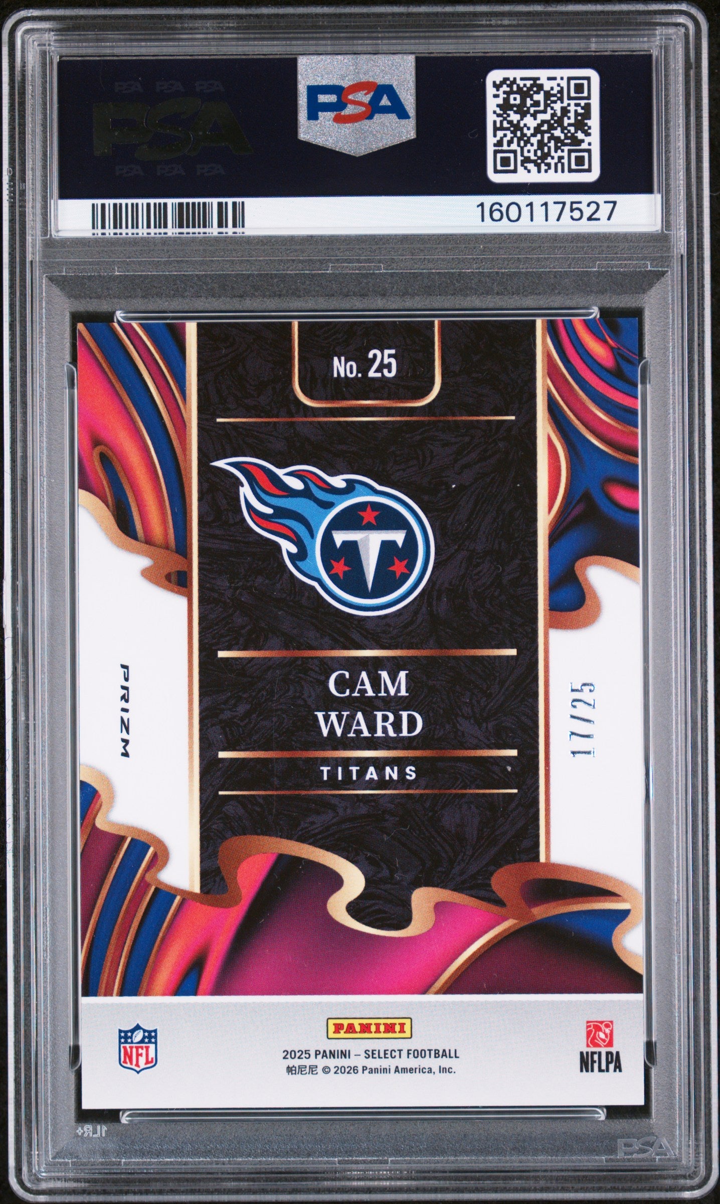 Cam Ward 2025 Panini Select Phenomenon #25 Tie Dye Prizm Rookie PSA 9