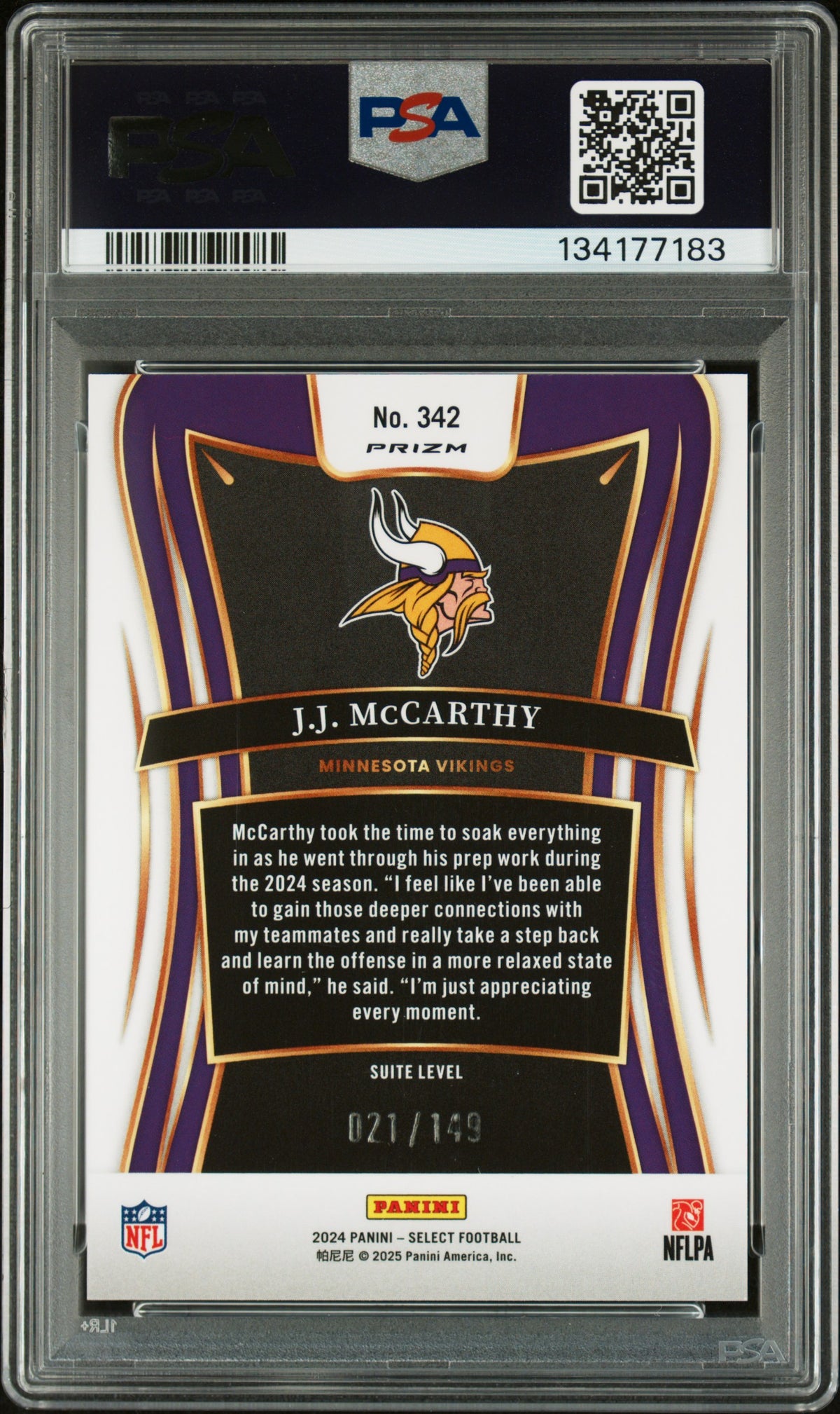 JJ Mccarthy 2024 Panini Select #342 Tri Color Prizm Rookie PSA 9