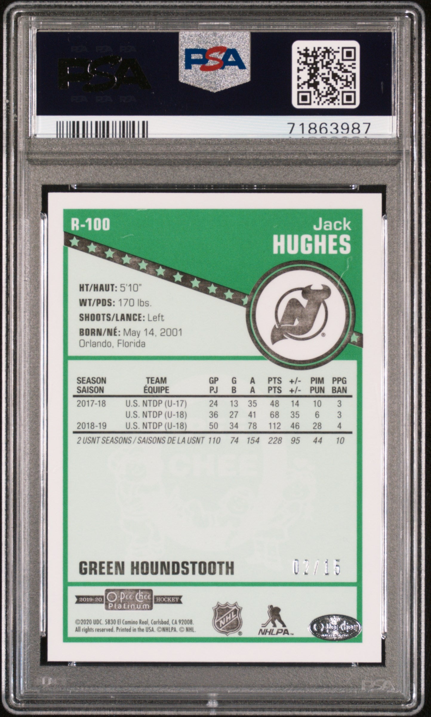 Jack Hughes 2019 O-Pee-Chee Platinum Retro - Green Houndstooth Rookie /15 PSA 9