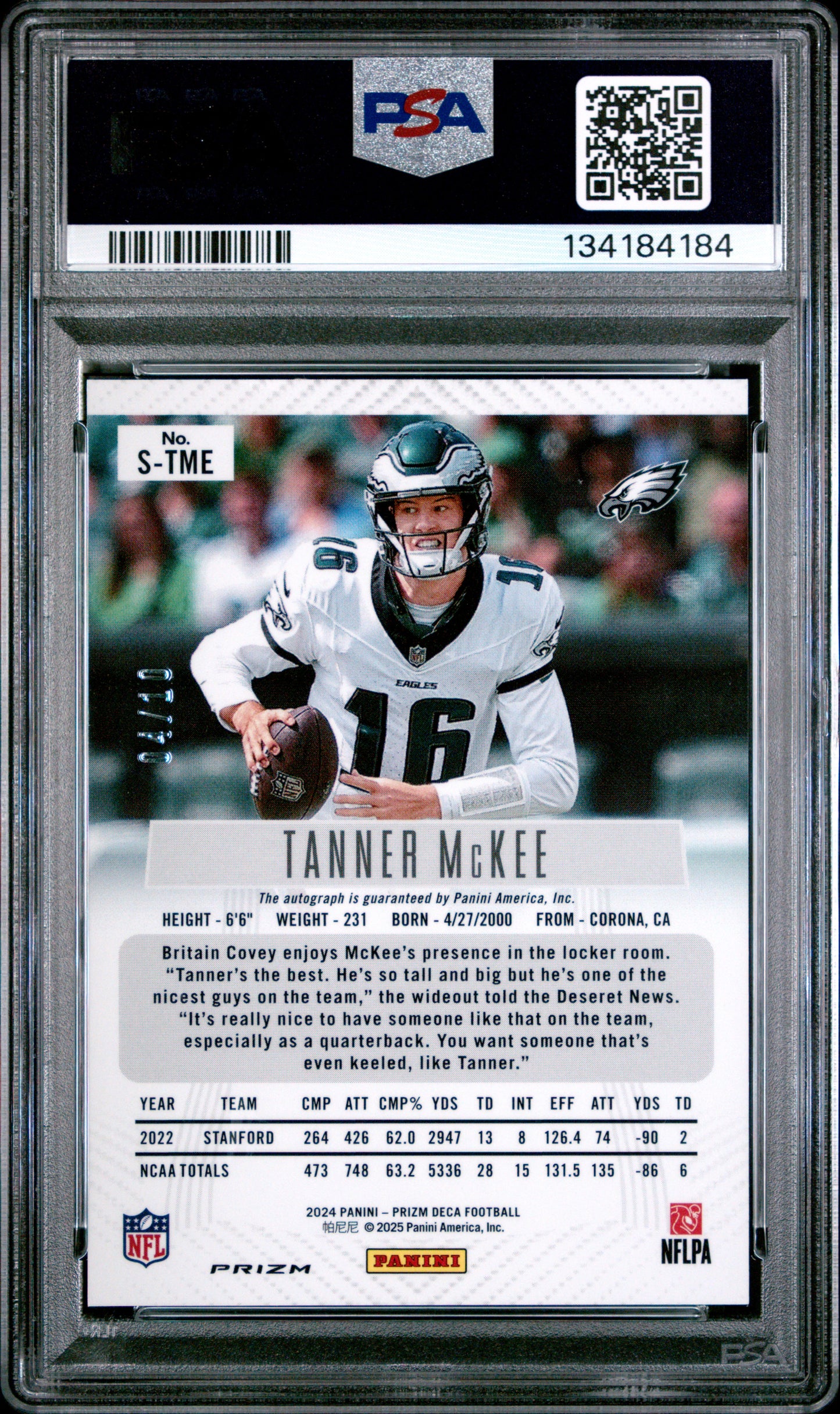 Tanner Mckee 2024 Panini Prizm Deca Signatures #STME Gold Shimmer FOTL/10 PSA 9