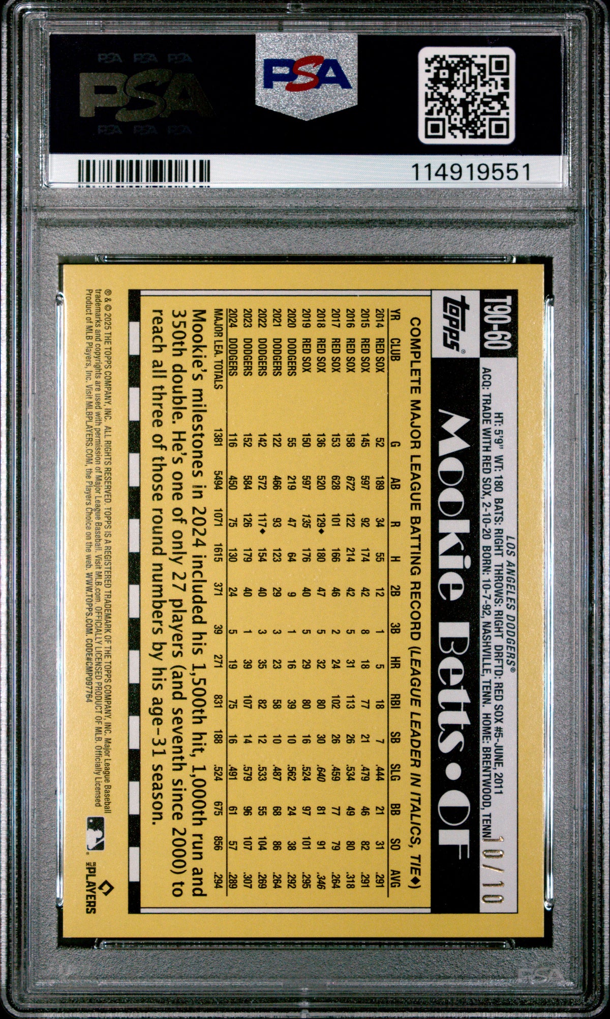 Mookie Betts 2025 Topps 1990 Topps Baseball #T90-60 BLK Crackle Foil 10/10 PSA 9