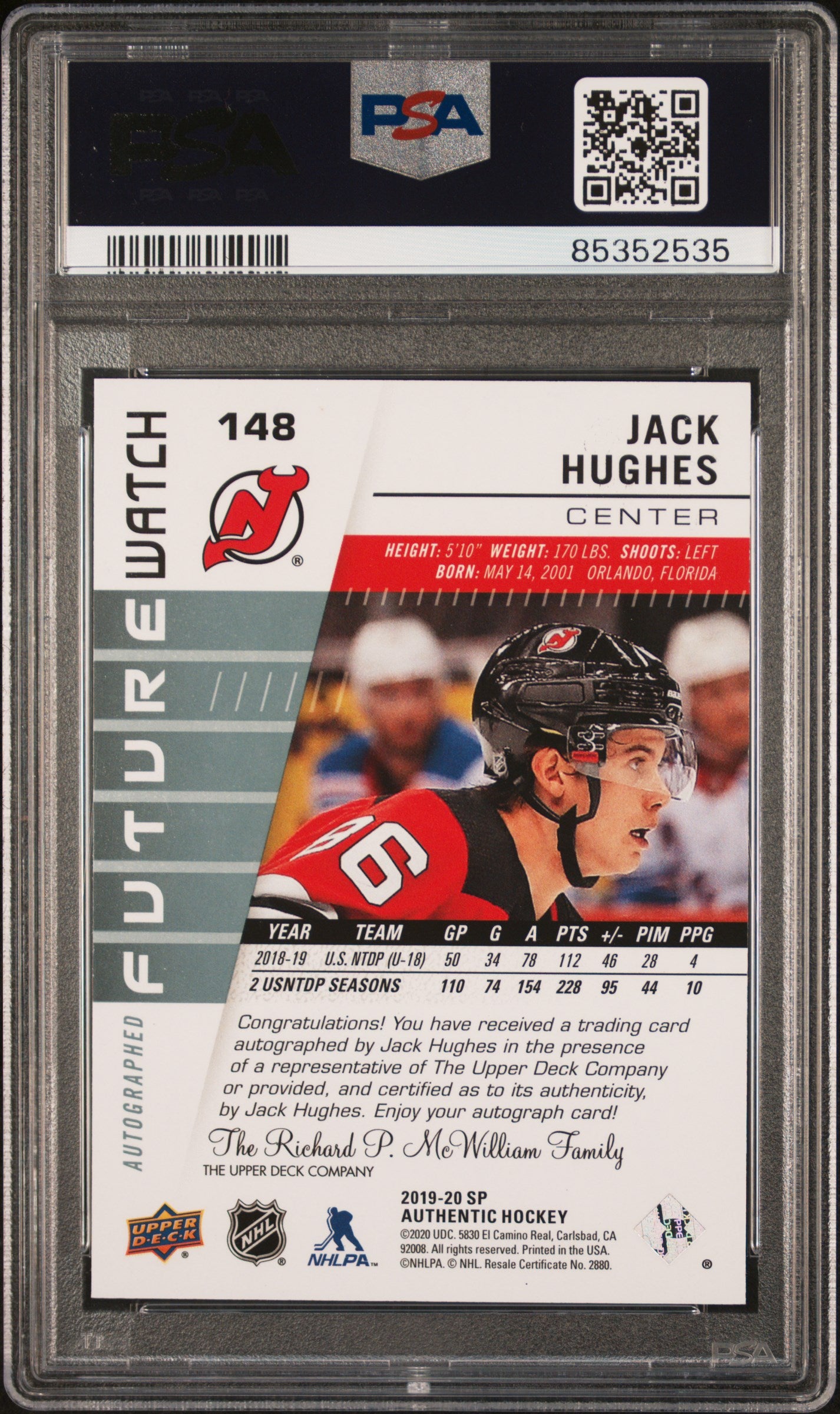 Jack Hughes 2019-20 Upper Deck SP Authentic Future Watch Auto PSA 9 / Auto 10