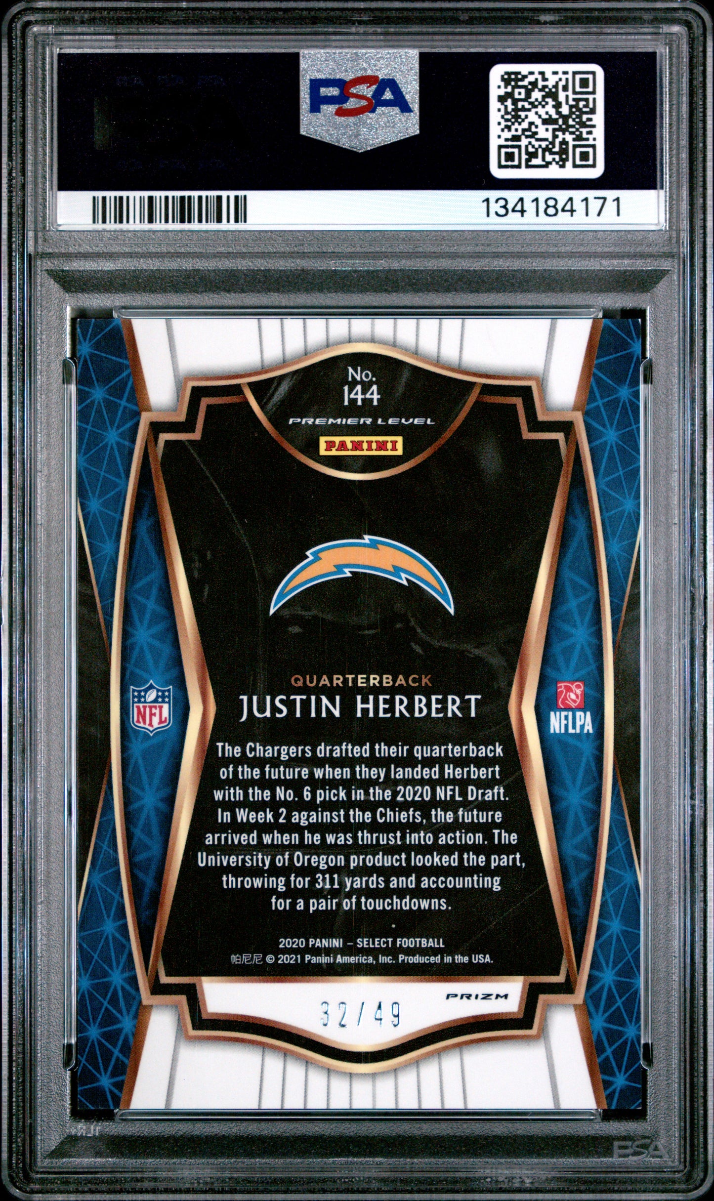 Justin Herbert 2020 Panini Select #144 Neon Green Prizm 32/49 Rookie PSA 9