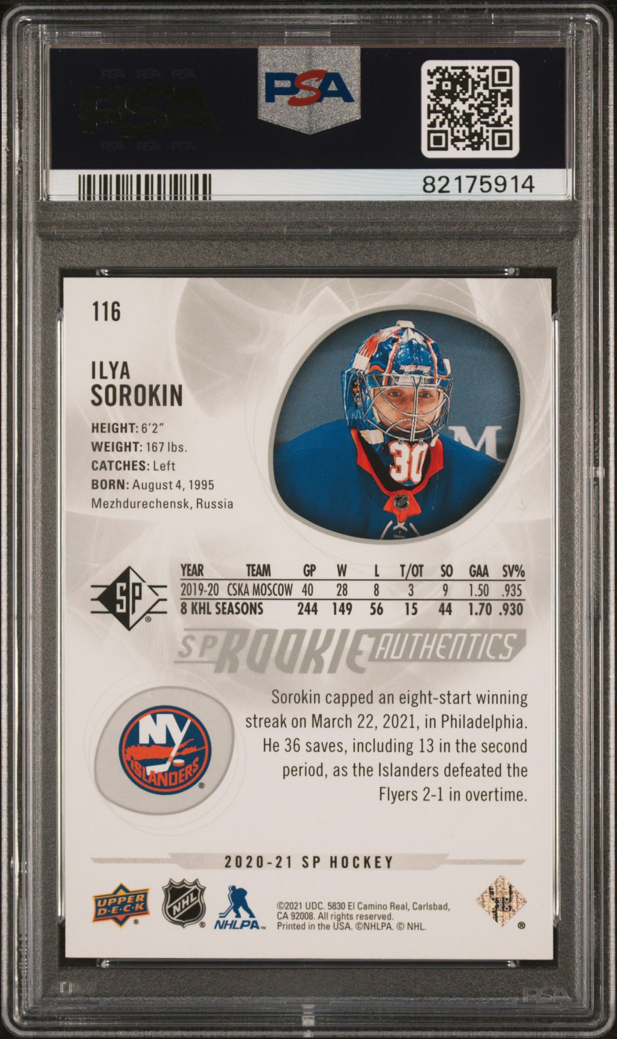 Ilya Sorokin 2020-2021 SP #116 Sphericity Rookie PSA 9