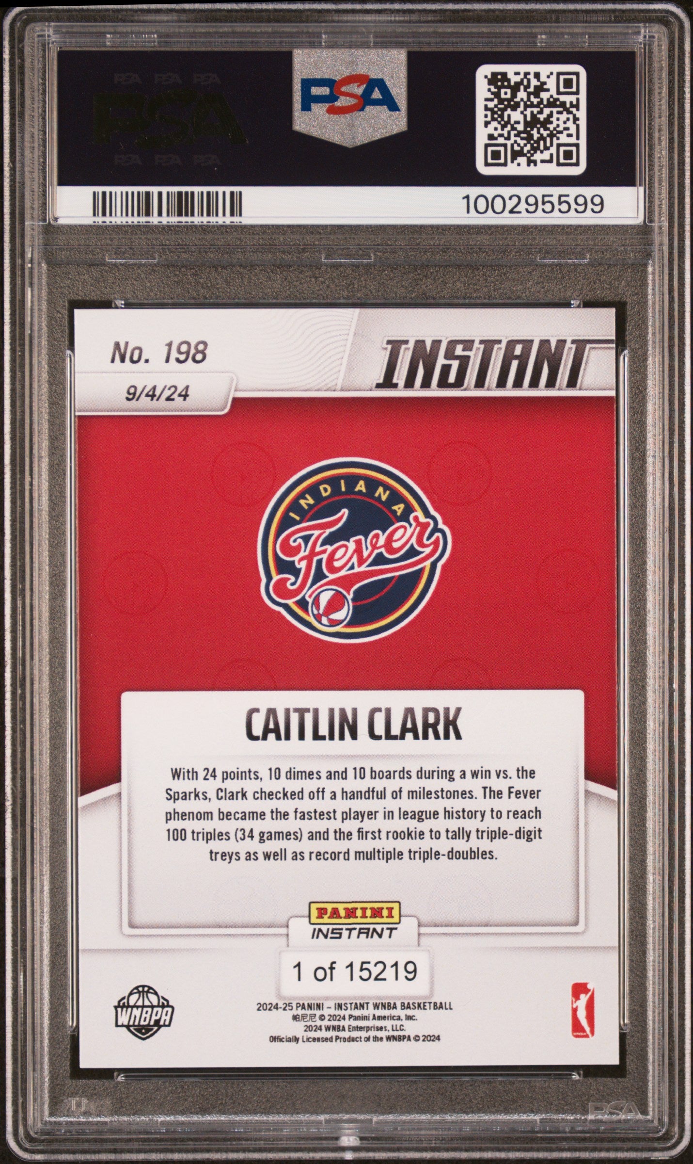 Caitlin Clark 2024 Panini Instant WNBA #198 Rookie PSA 10