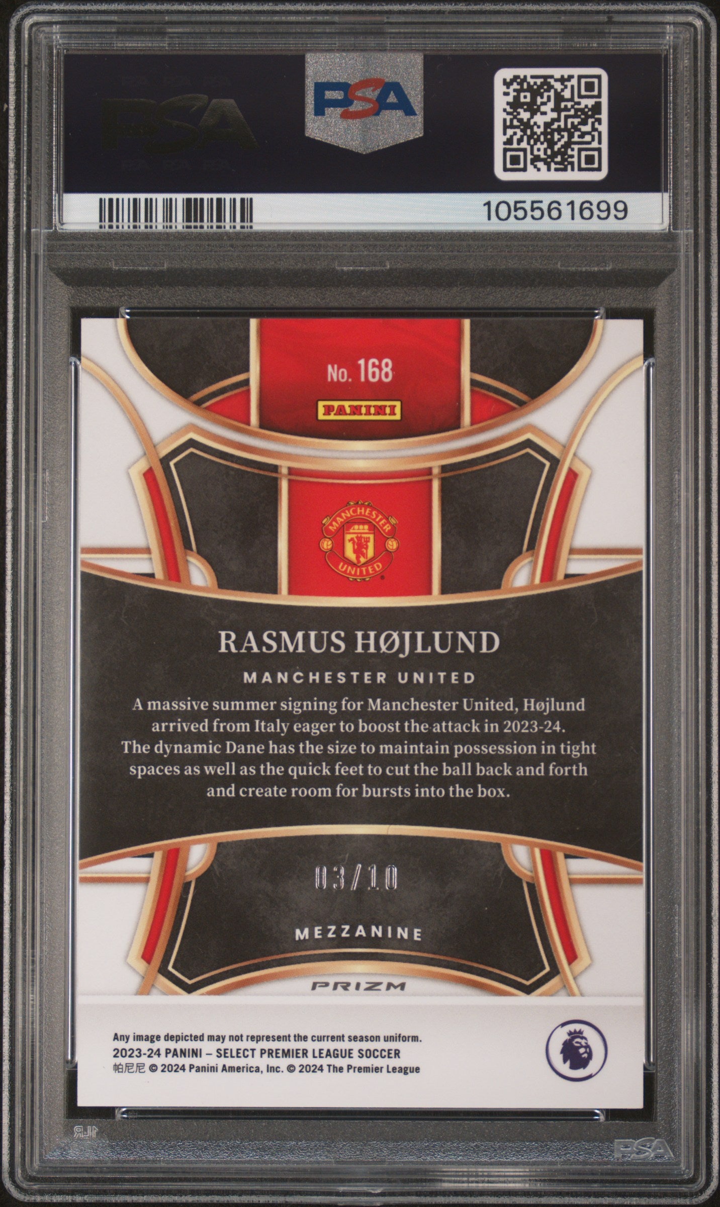 Rasmus Hojlund 2023-24 Panini Select Premier League #168 Gold Mojo /10 PSA 10
