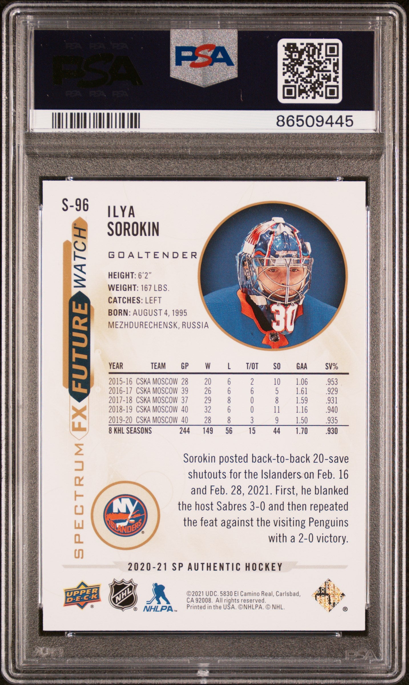 Ilya Sorokin 2020 SP Authentic Spectrum FX #S-96 Gold Rookie 50/50 PSA 6
