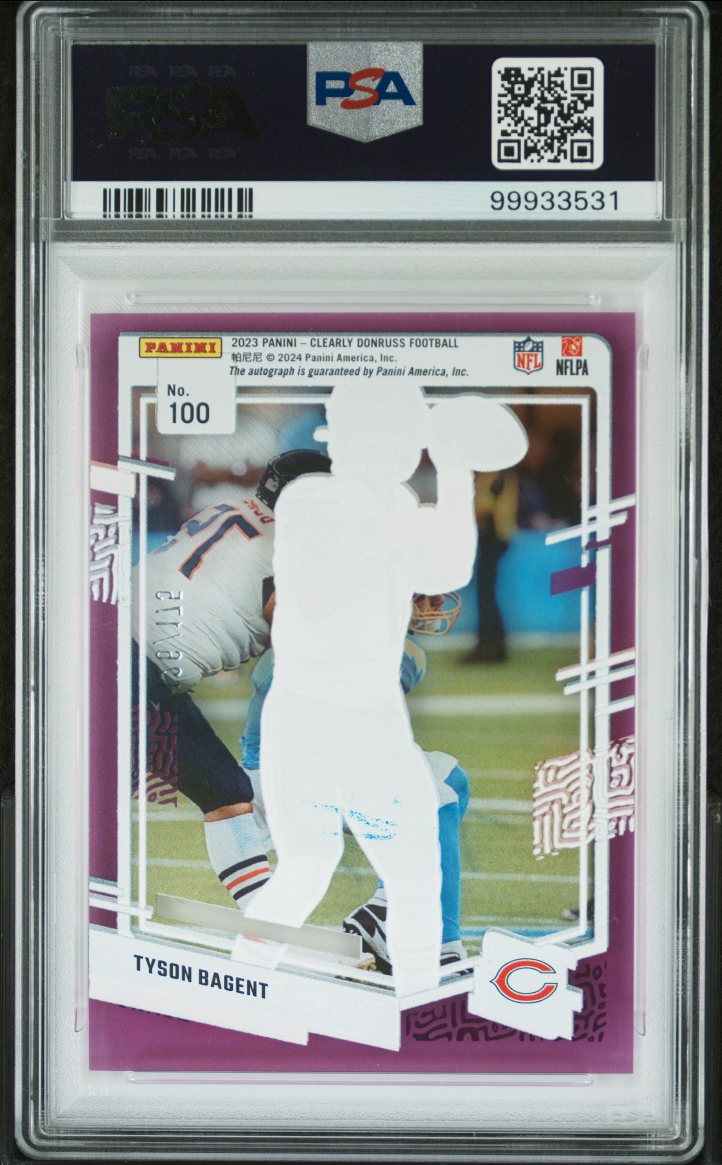 Tyson Bagent 2023 Panini Clearly Donruss #100 Autograph Purple 26/175 PSA 8