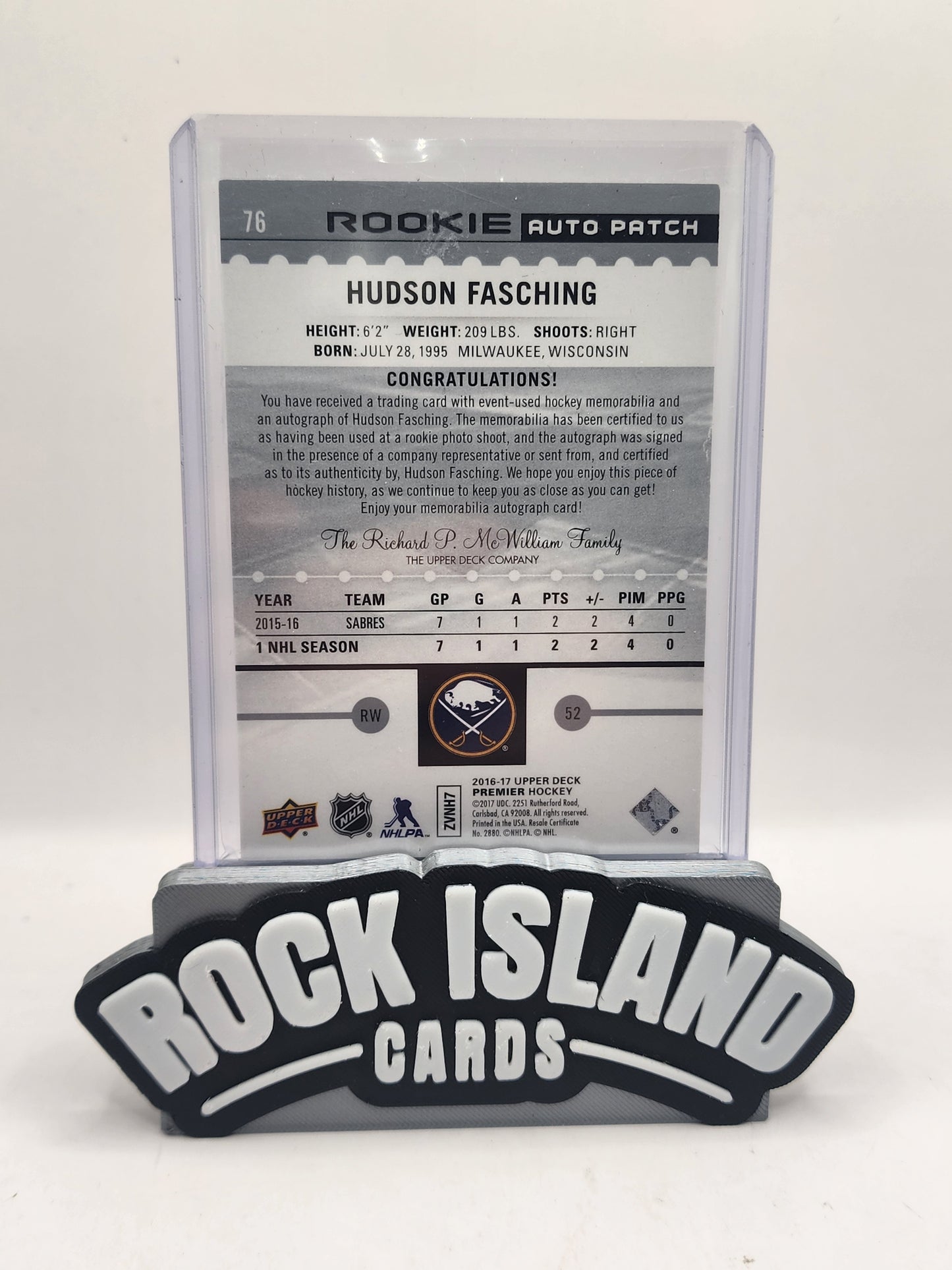 Hudson Fasching 2016-17 Upper Deck Premier #76 Rookie /299 Patch Auto