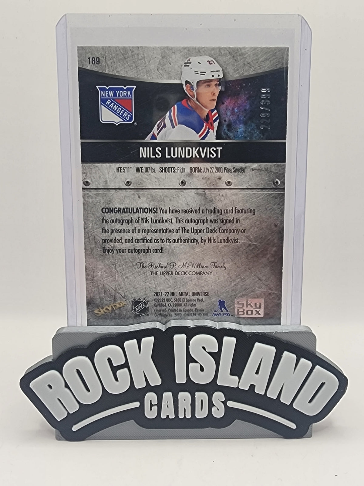 Nils Lundkvist 2021 SkyBox Metal Universe #189 RC 229/399