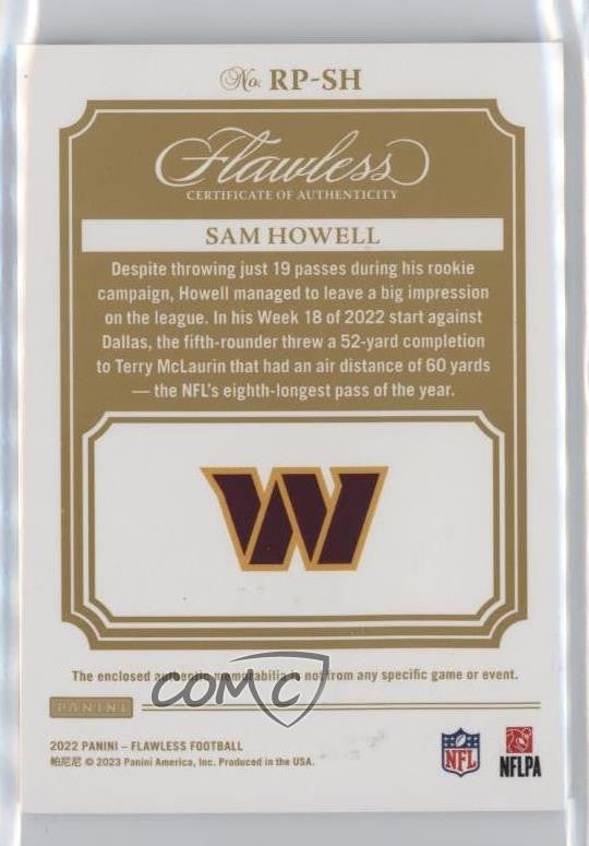 Sam Howell 2022 Panini Flawless #RP-SH Emerald  RC /5 Three Color Patch