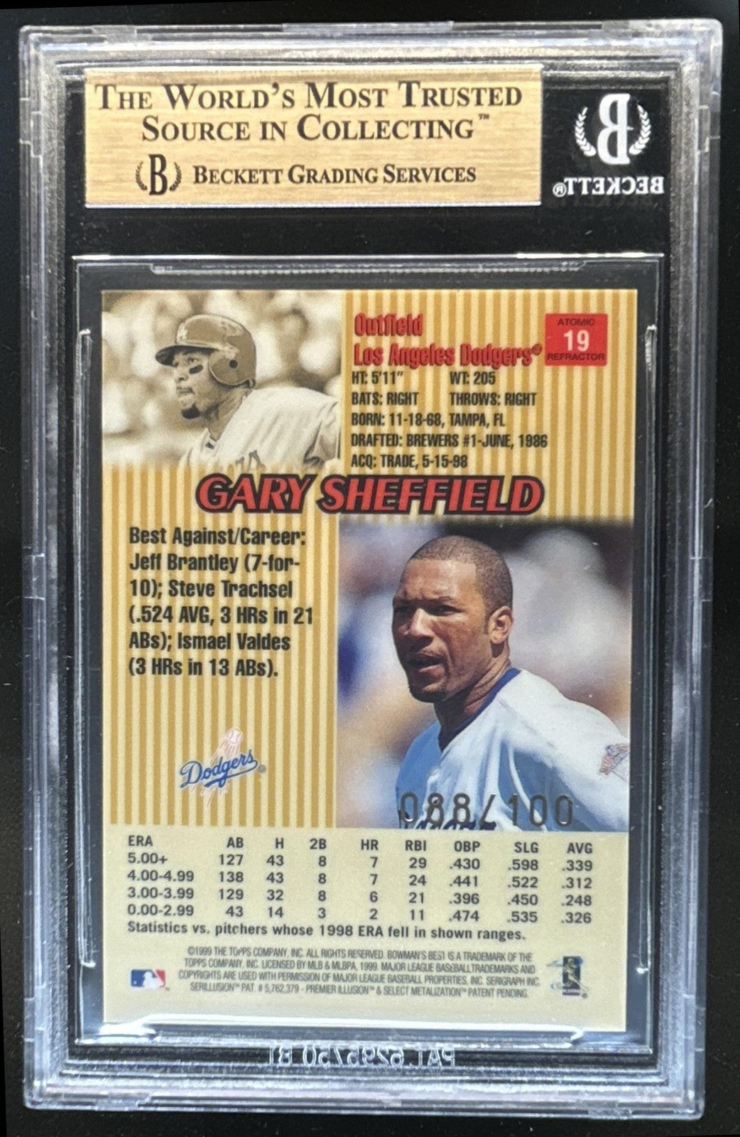 1999 Bowman's Best Gary Sheffield Atomic Refractor #/100 Dodgers BGS 9.5