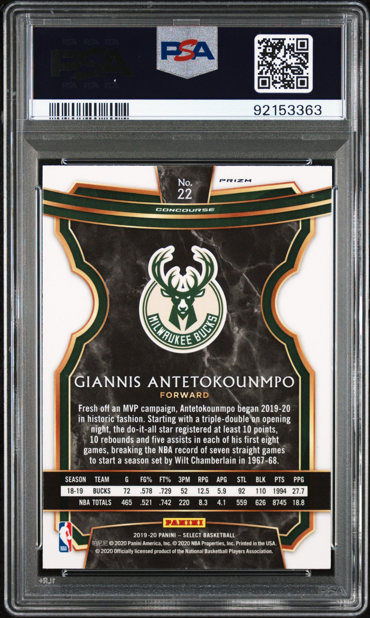 G. Antetokounmpo 2019 Panini Select #22 Disco Prizm PSA 9