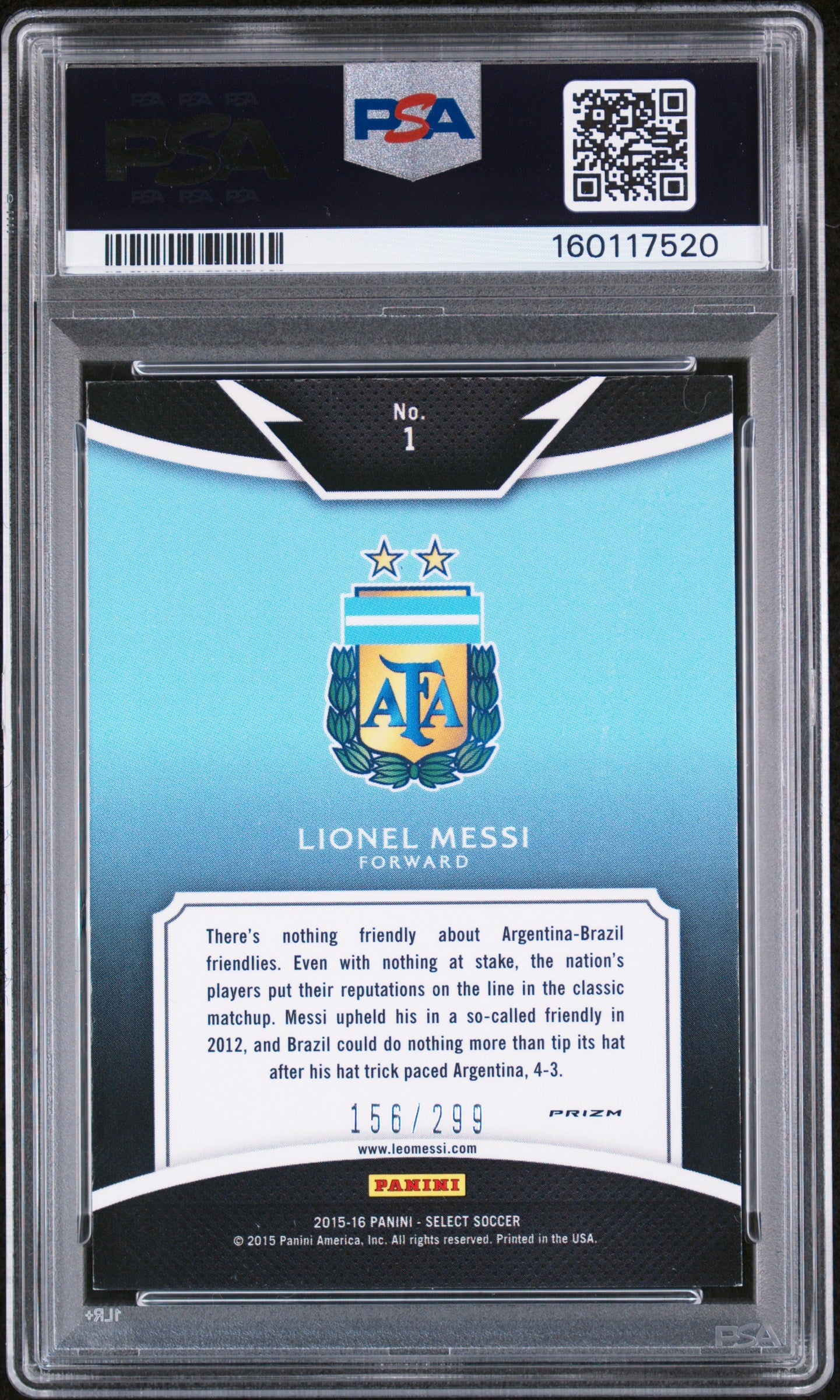 Lionel Messi 2015 Panini Select Equalizers #1 Blue Prizm /299 PSA 7