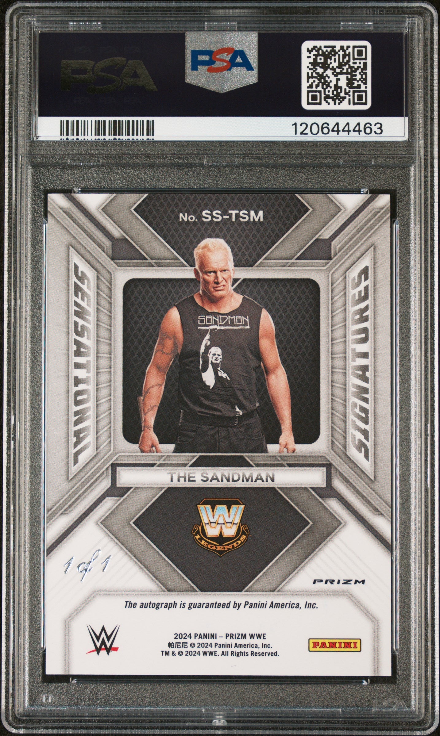 The Sandman 2024 Panini Prizm WWE Sensational Signatures White Sparkle 1/1 PSA 9