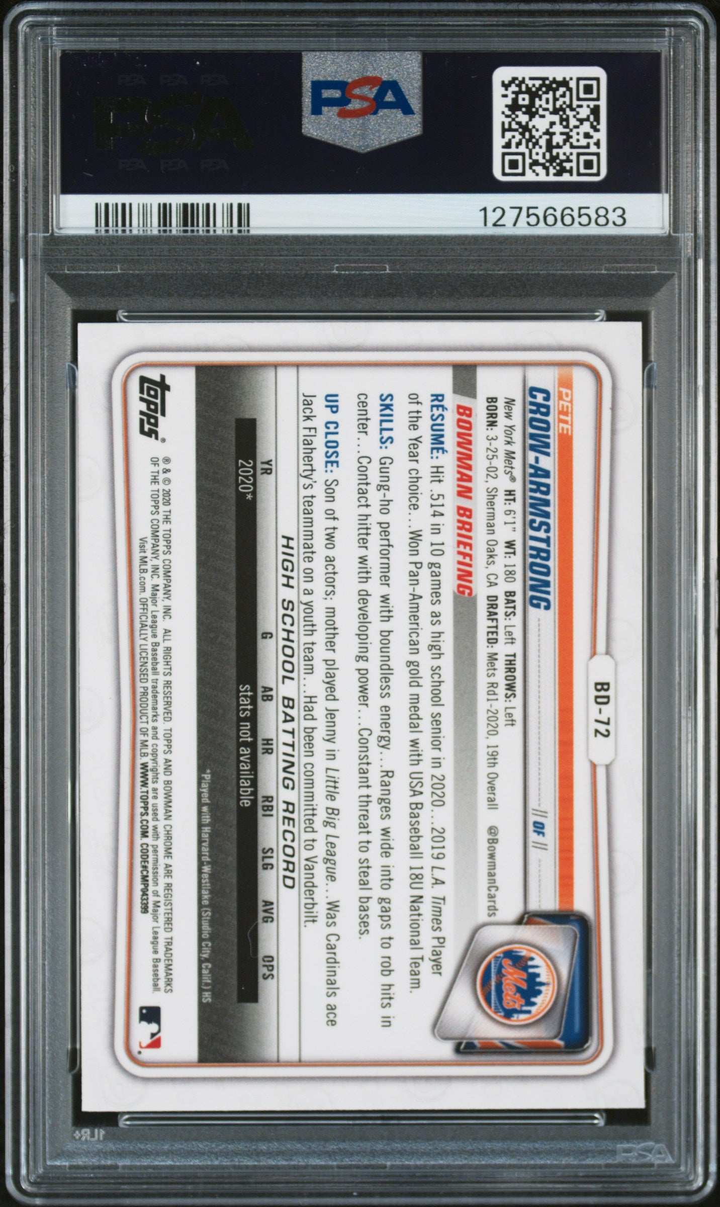 Pete Crow-Armstrong 2020 Bowman Draft Chrome Sapphire Edition #BD72 PSA 10