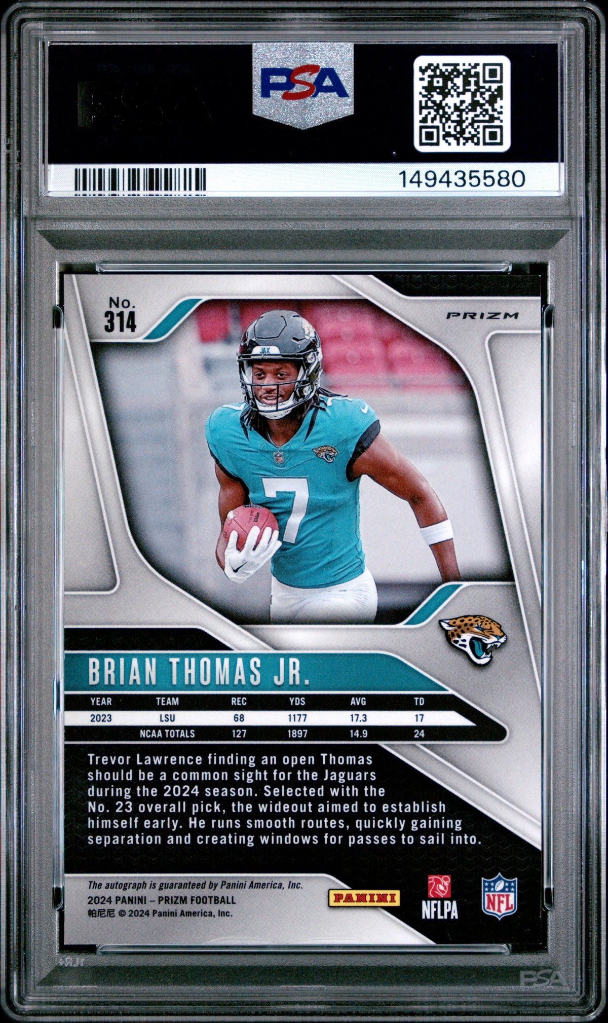 Brian Thomas JR. 2024 Panini Prizm #314 Autograph Pink Rookie PSA 6