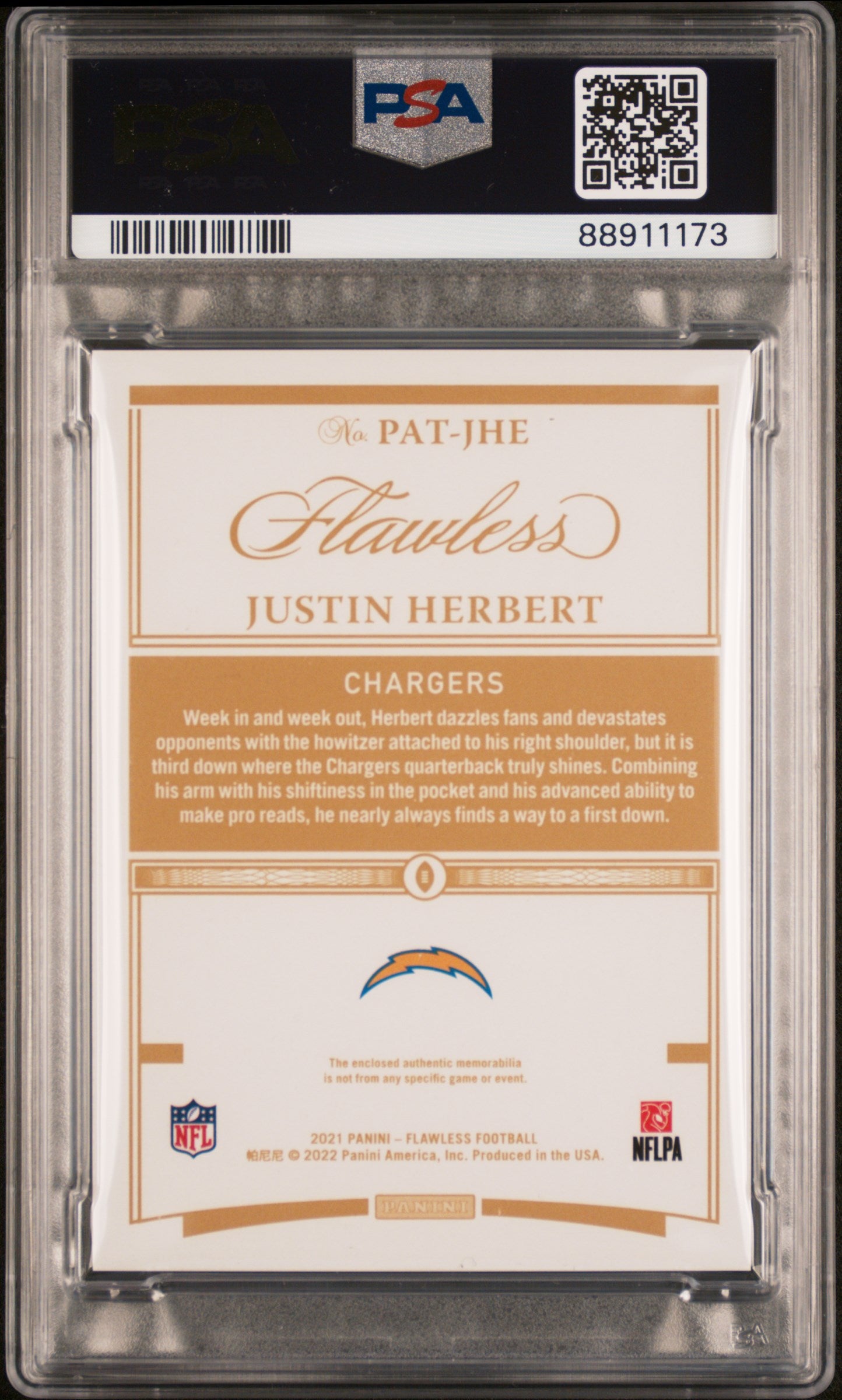 Justin Herbert 2021 Panini Flawless Patches #JHE Laundry TAG 2 / 3 PSA 10