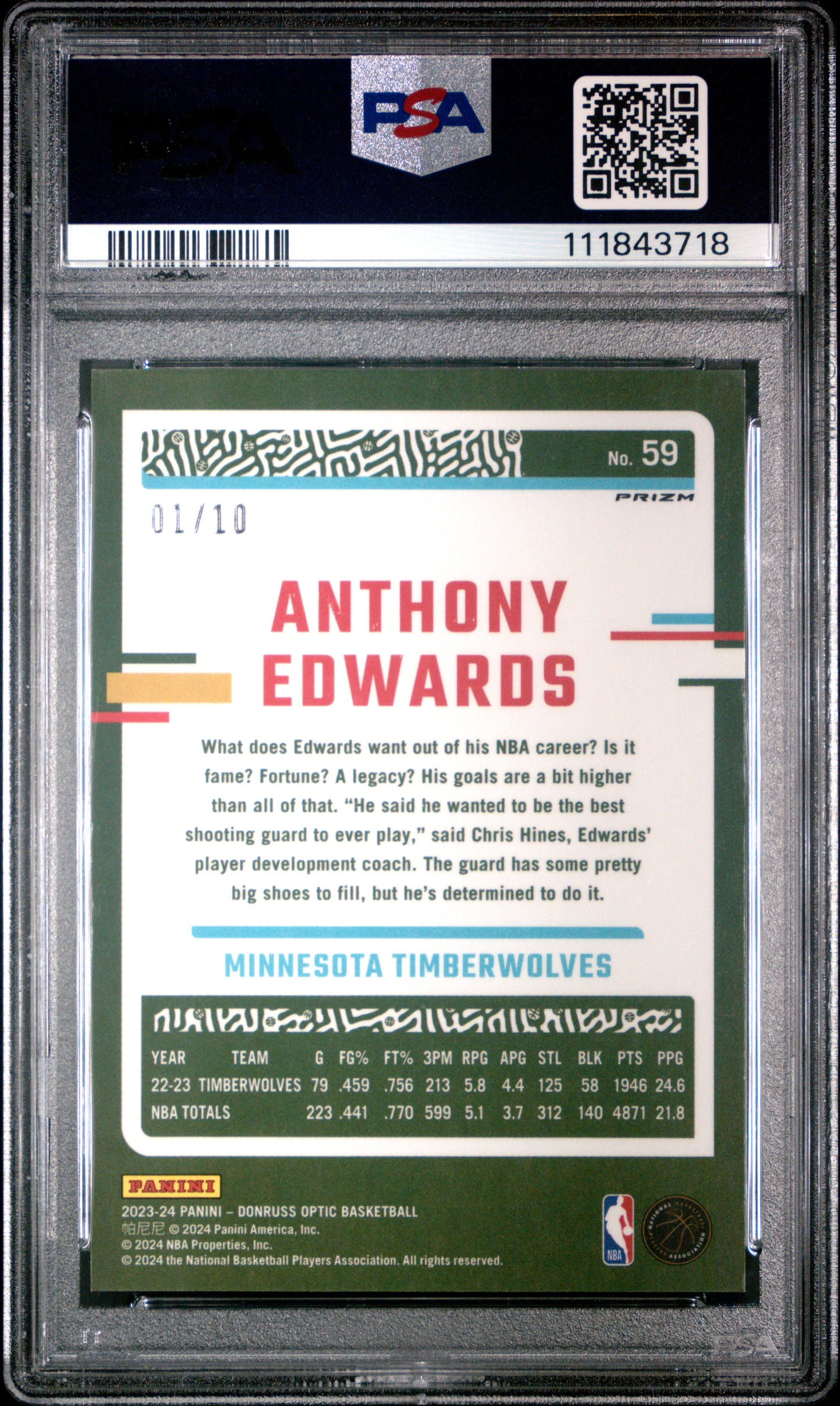 Anthony Edwards 2023 Panini Donruss Optic #59 Fast Break Gold /10 PSA 9