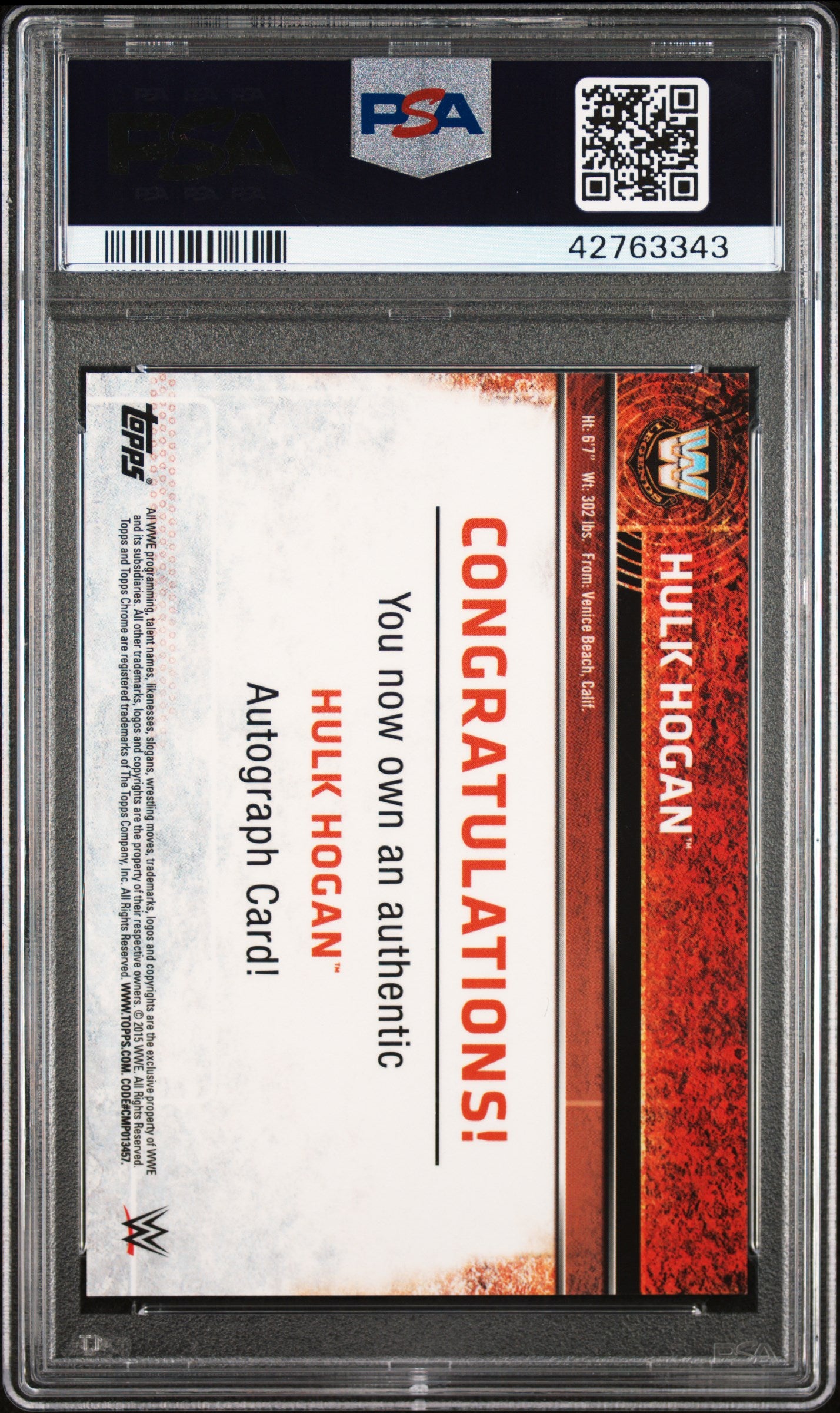 Hulk Hogan 2015 Topps Chrome WWE Autograph PSA 10