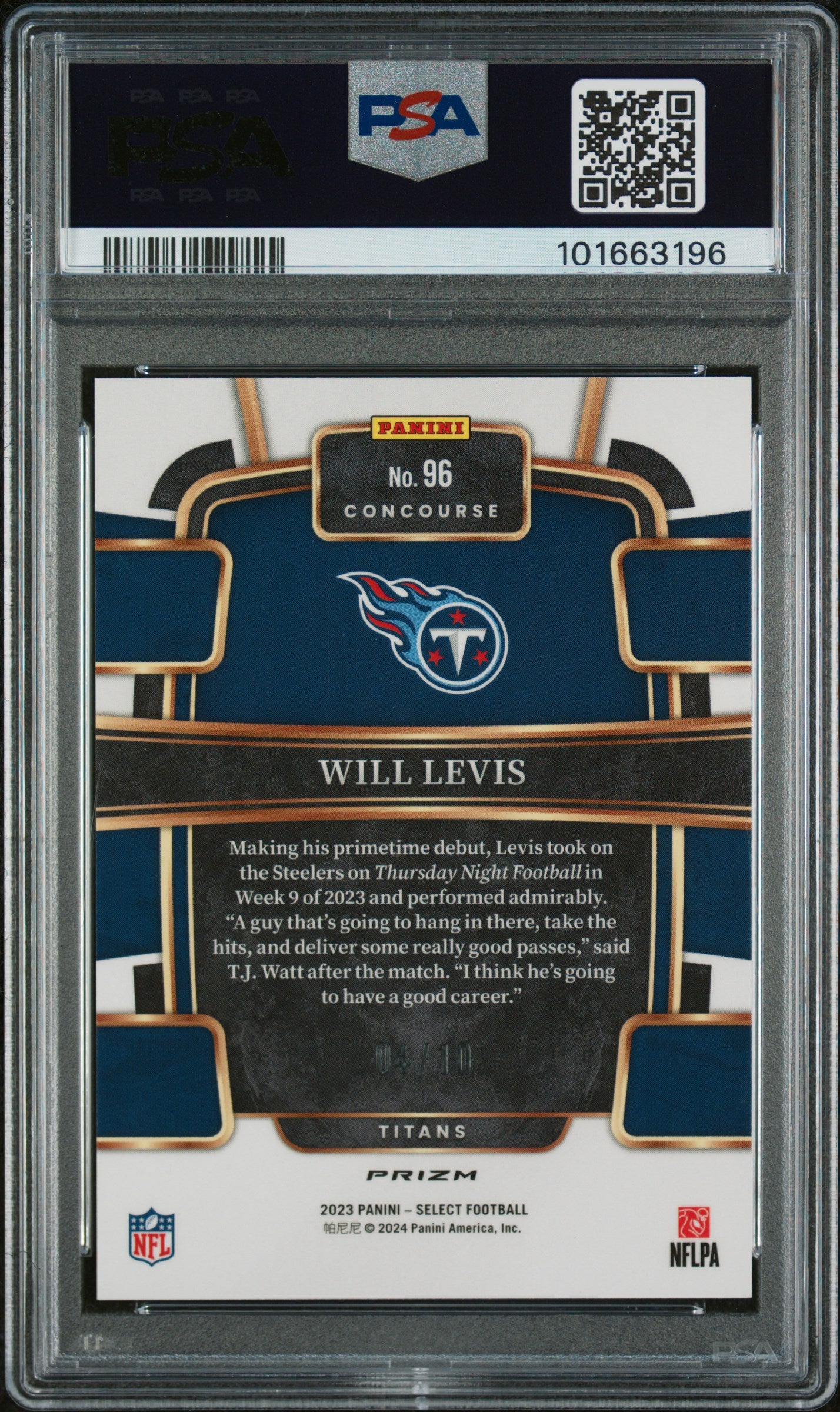 Will Levis 2023 Panini Select #96 Gold Disco Prizm Rookie /10 PSA 9