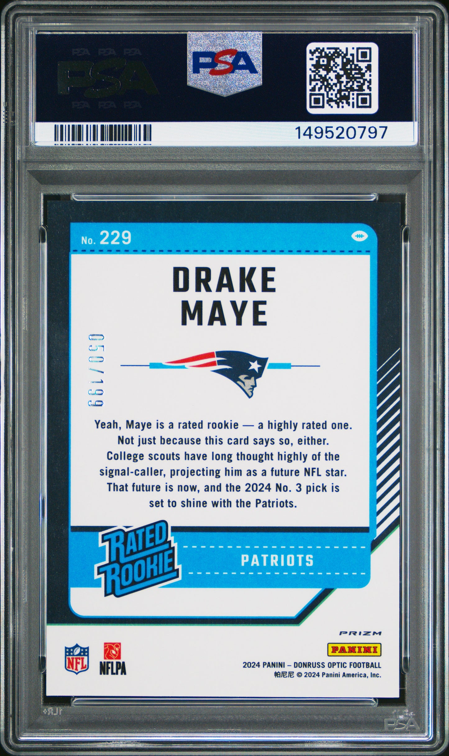 Drake Maye 2024 Panini Donruss Optic #229 Blue Rookie /199 PSA 9