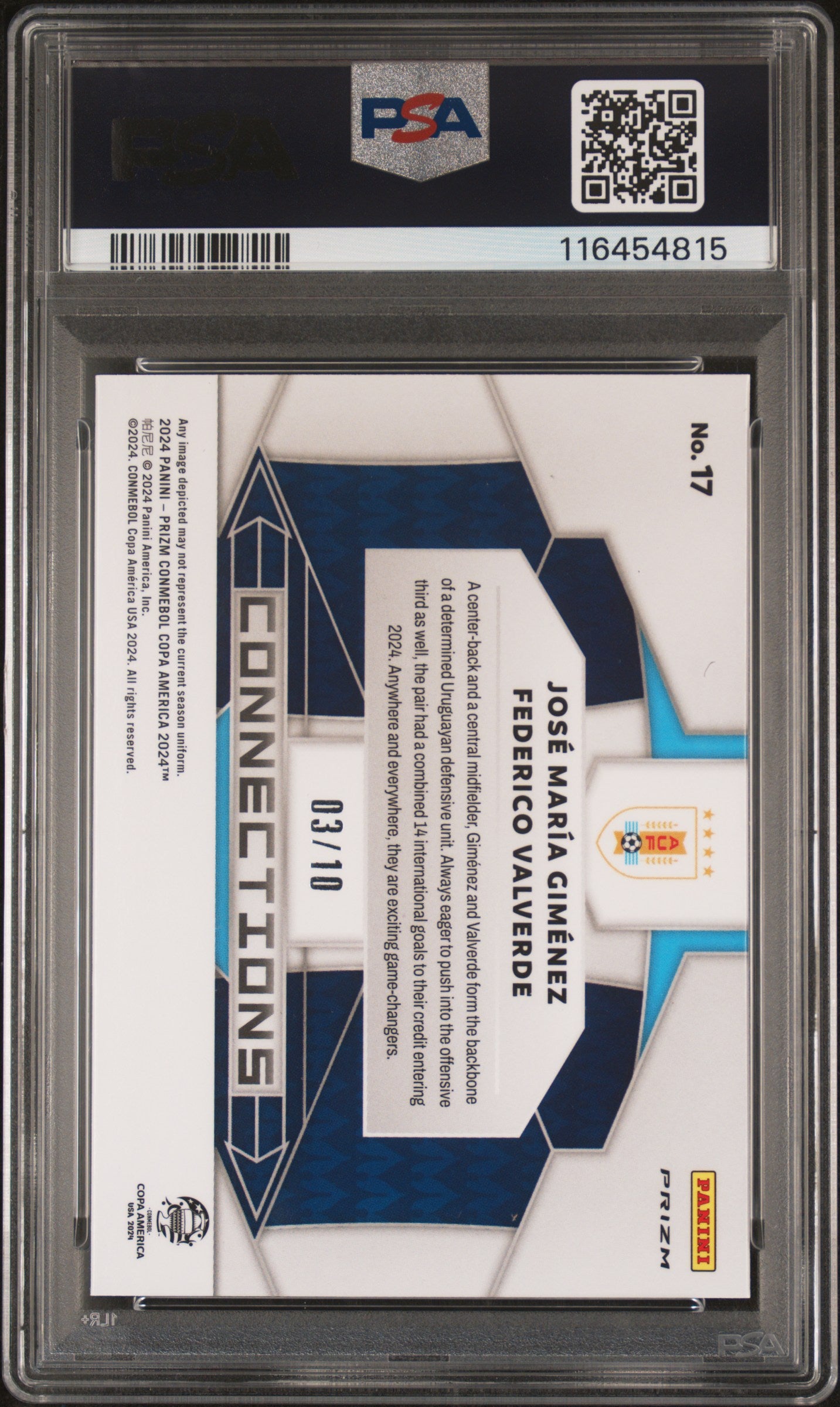 Valverde Gimenez 2024 Panini Prizm Conmebol Copa America Gold /10 PSA 9