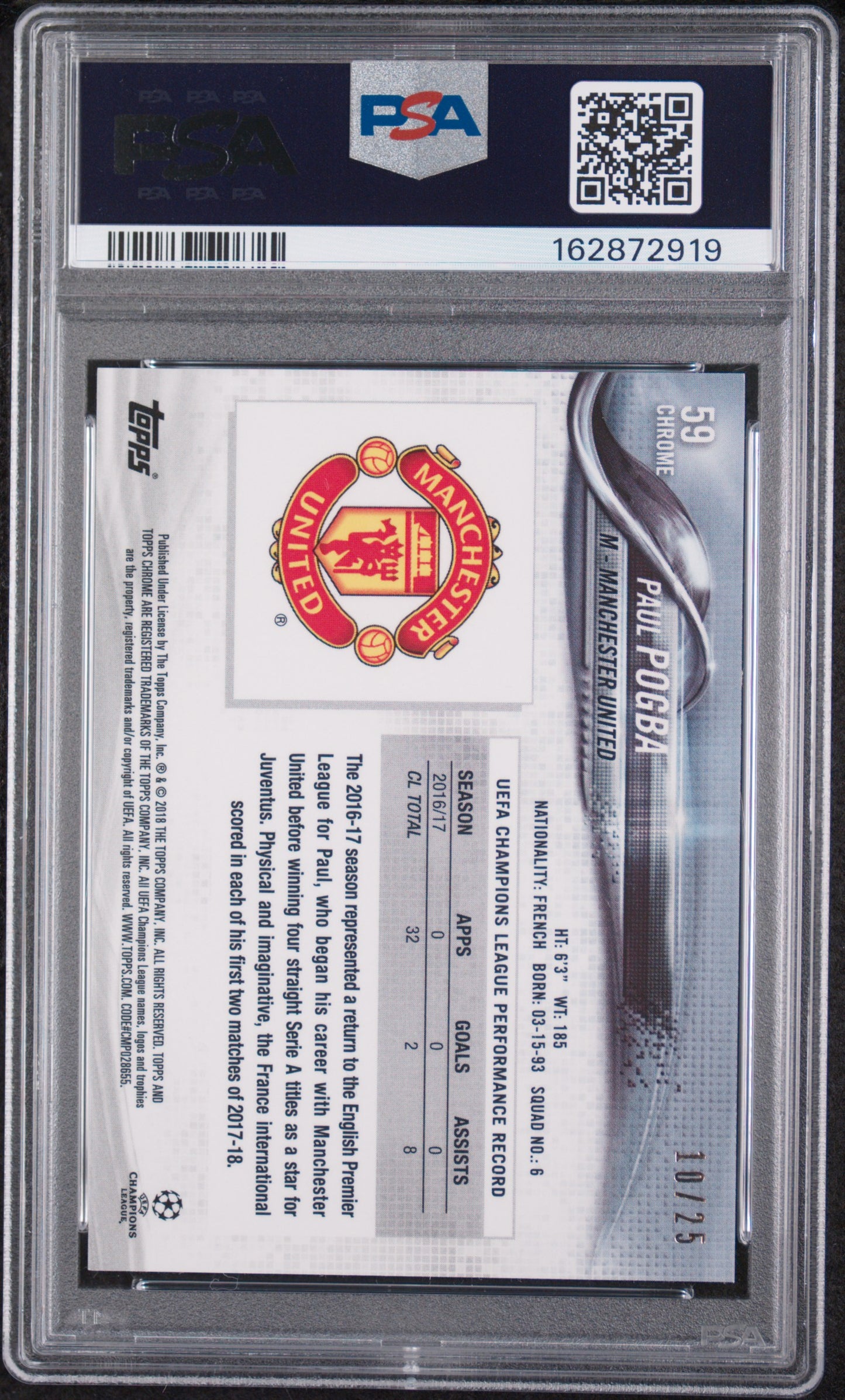 Paul Pogba 2017 Topps Chrome UEFA Champions League #59 Orange Refractor /25 PSA9