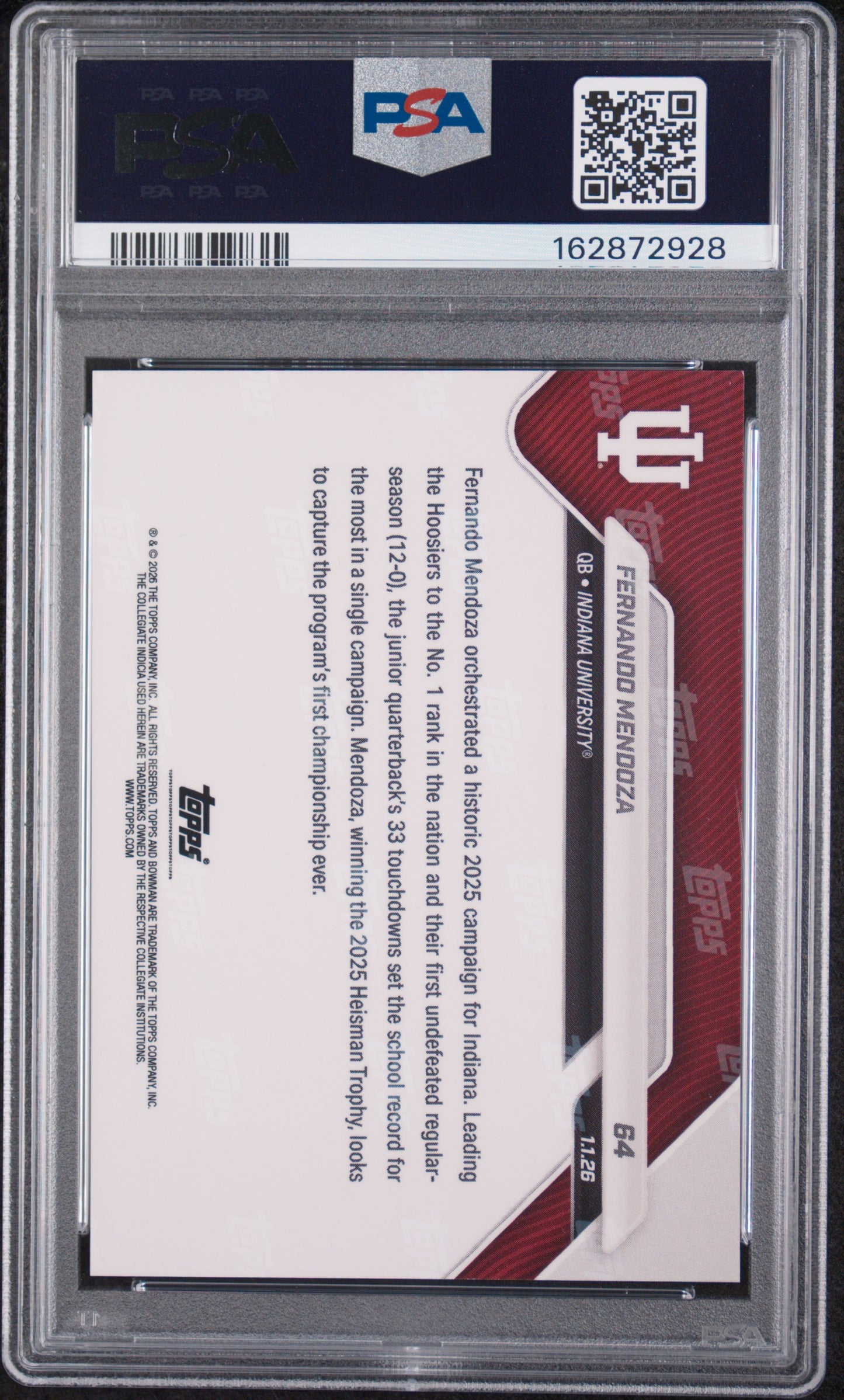 Fernando Mendoza 2025 Bowman U Now #64 Orange Foil Low Pop 16/25 PSA 10
