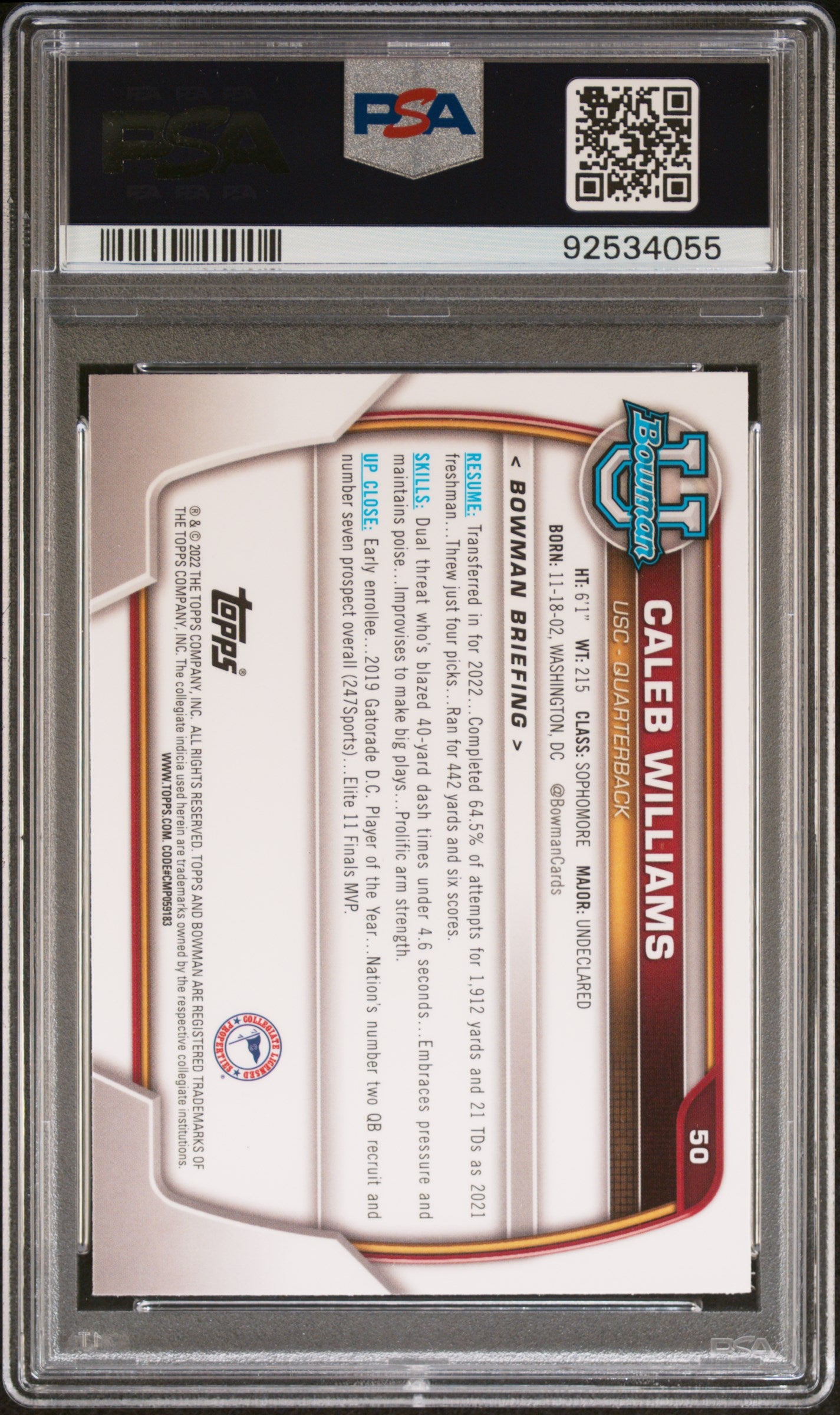 Caleb Williams 2022 Bowman University Chrome Prospects #50 PSA 9