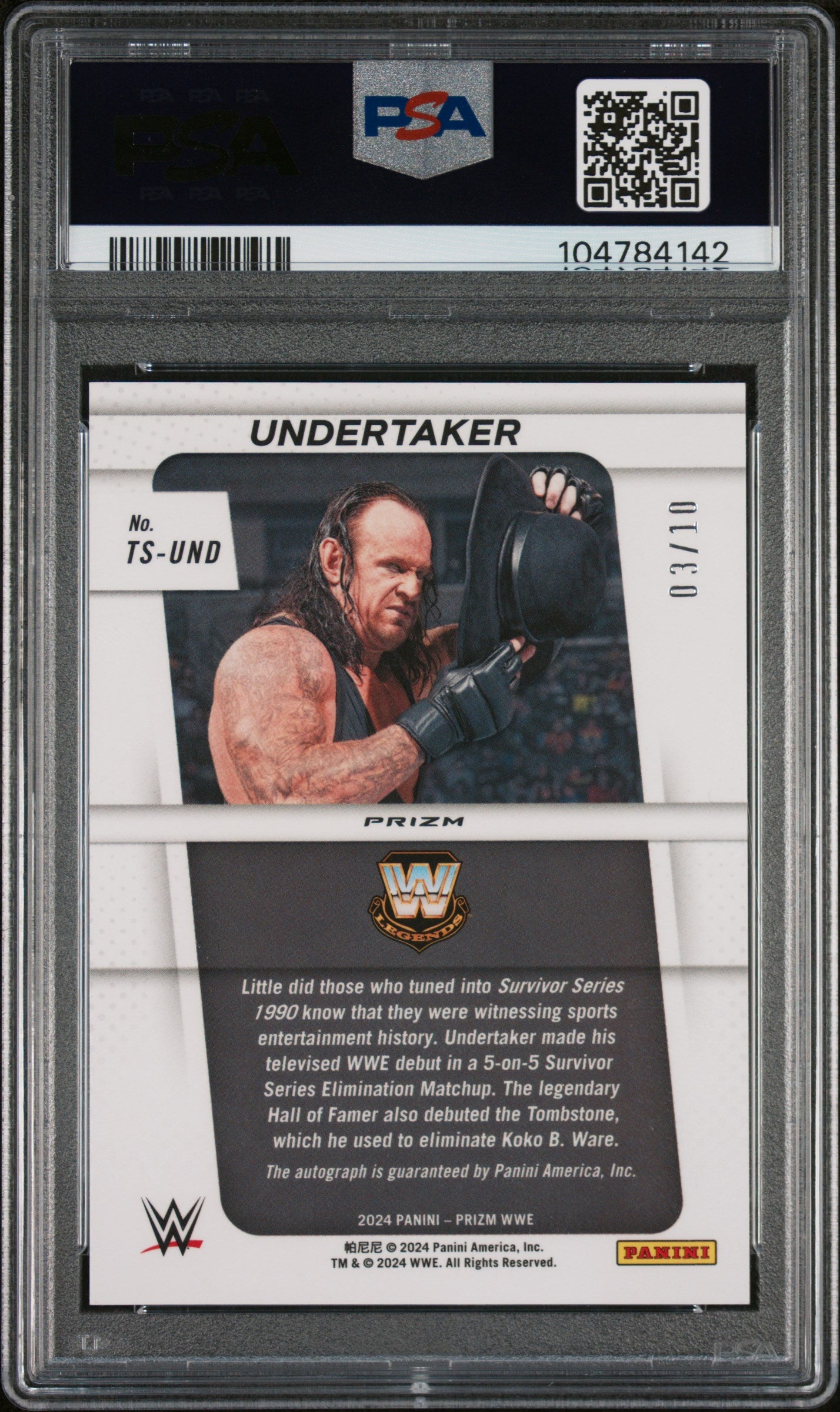 Undertaker 2024 Panini Prizm WWE Throwback Signatures #TSUND Gold /10 PSA 10